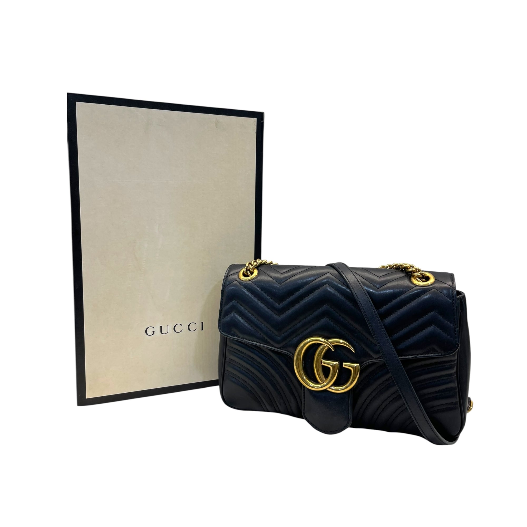 Gucci Black Quilted Leather GG Marmont Medium Matelasse Shoulder Bag