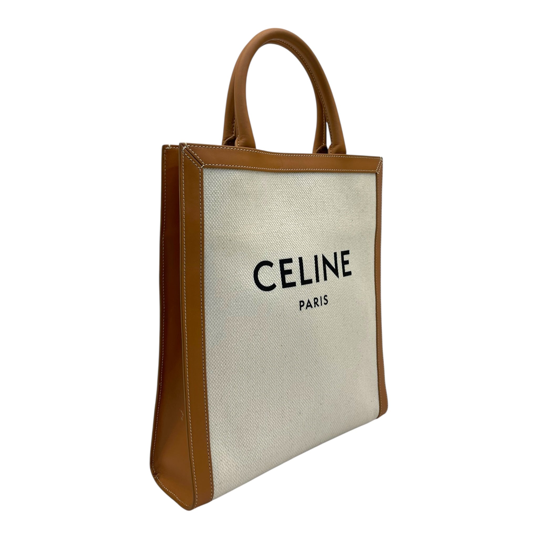 Celine Camel/Off-White Leather and Canvas Vertical Cabas Tote Bag