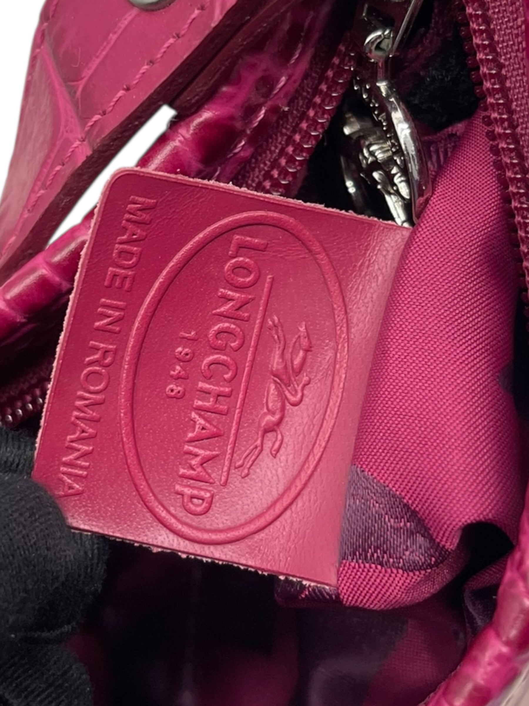 Longchamp Pink Croc Embossed Leather Crossbody Bag