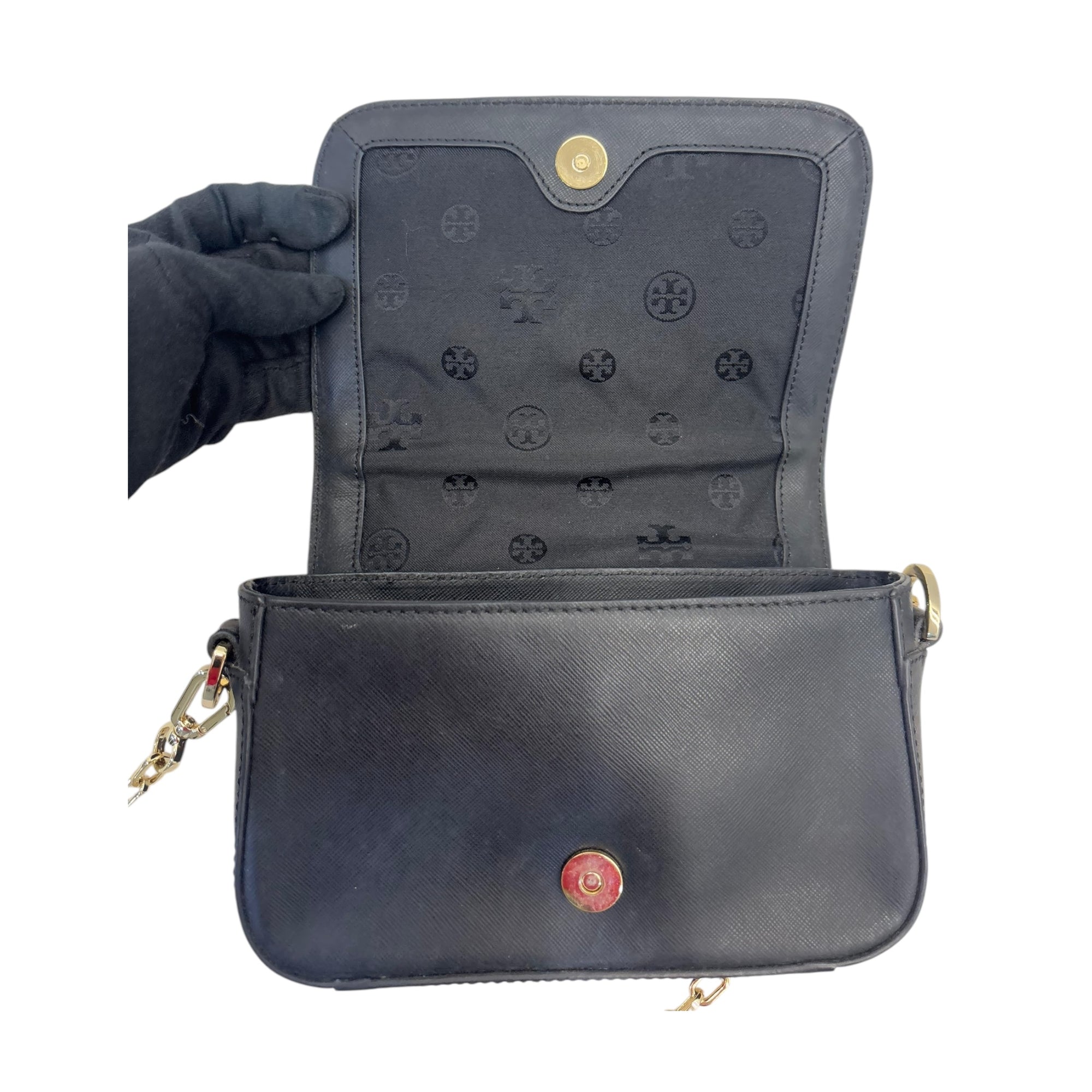 Tory Burch Black Leather and Suede Patchwork Robinson Chain Shoulder Bag