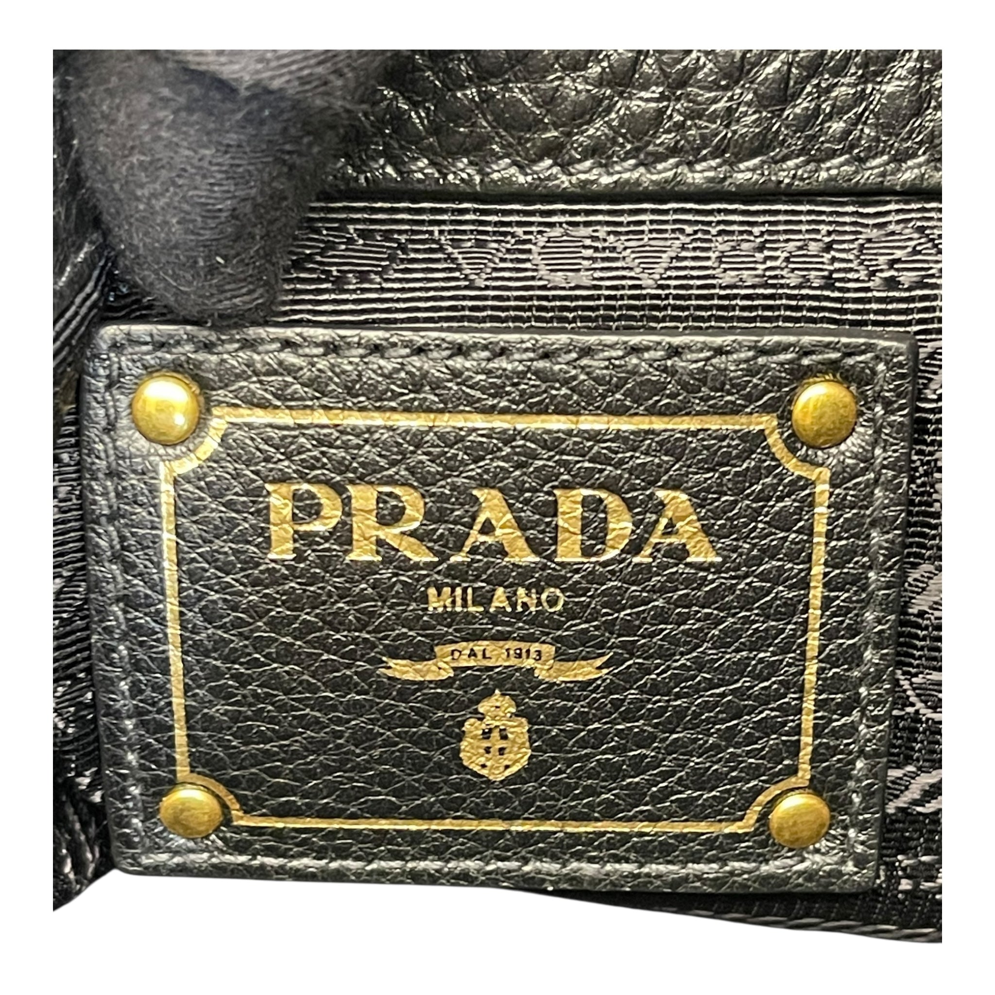 Prada Vitello Phenix Black Leather Embossed Logo Hobo Tote Bag