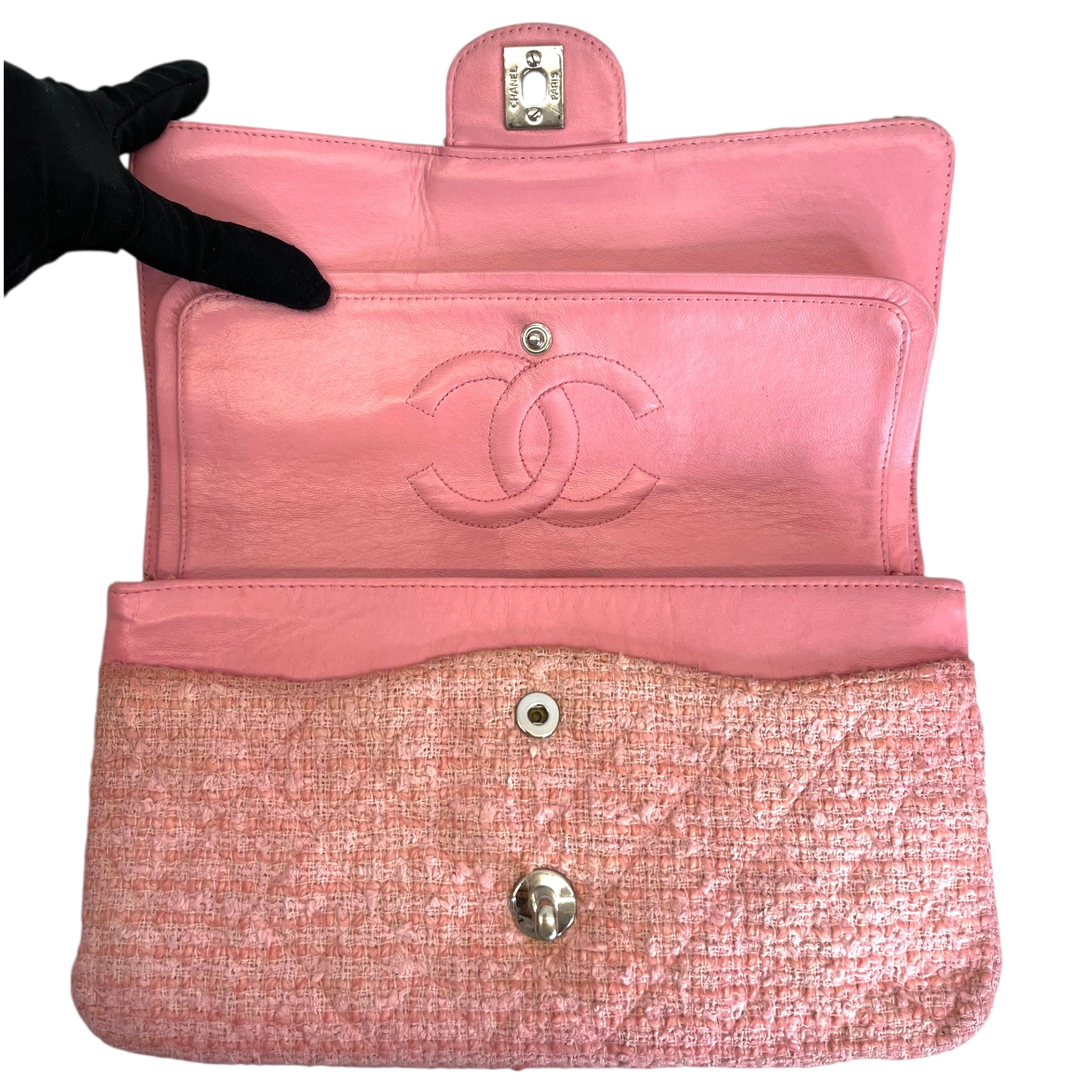 Chanel Classic Double Flap Pink Tweed Shoulder Bag