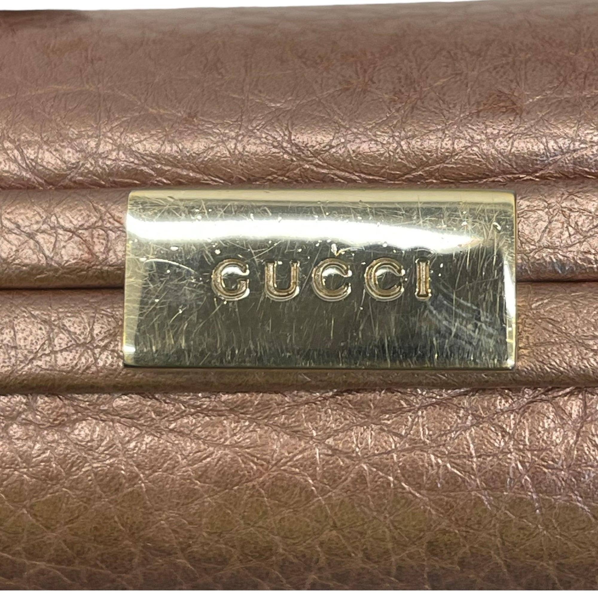 Gucci Gold Pebbled Calfskin Leather Soho Hard Case Clutch Bag
