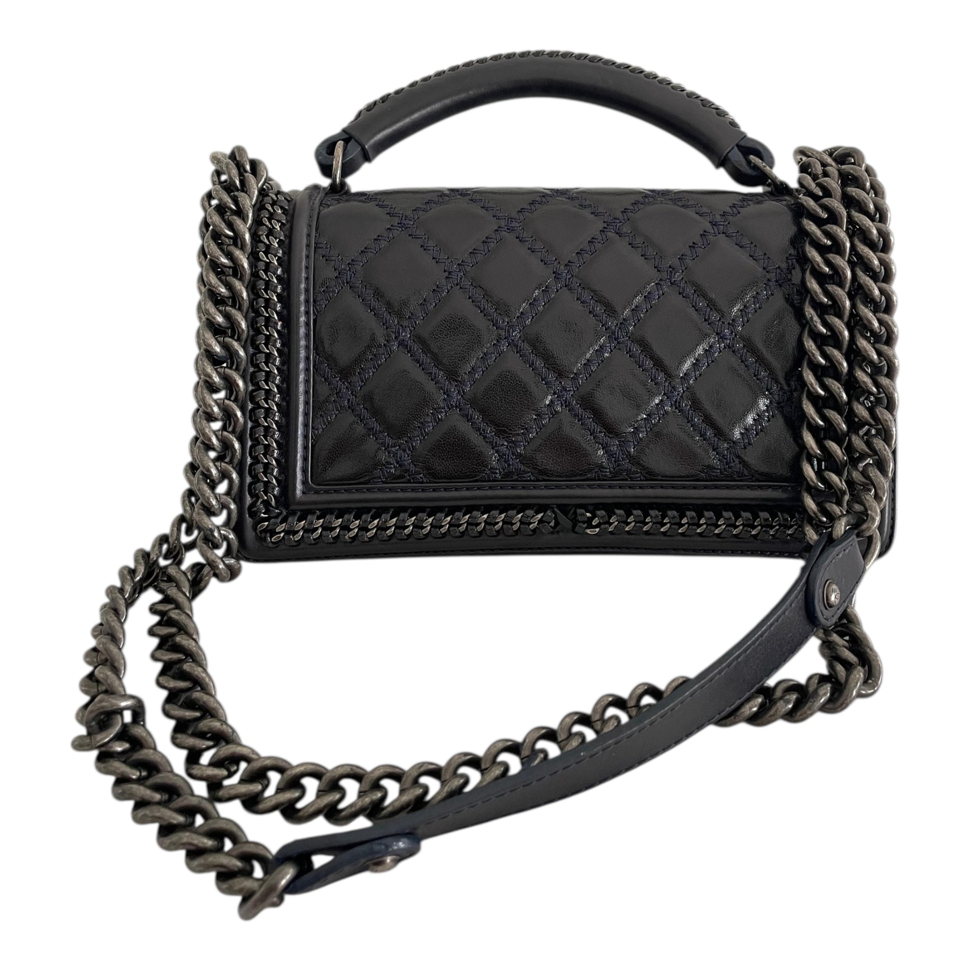Chanel Midnight Quilted Leather Medium Wild Stitch Chain Boy Top Handle Bag