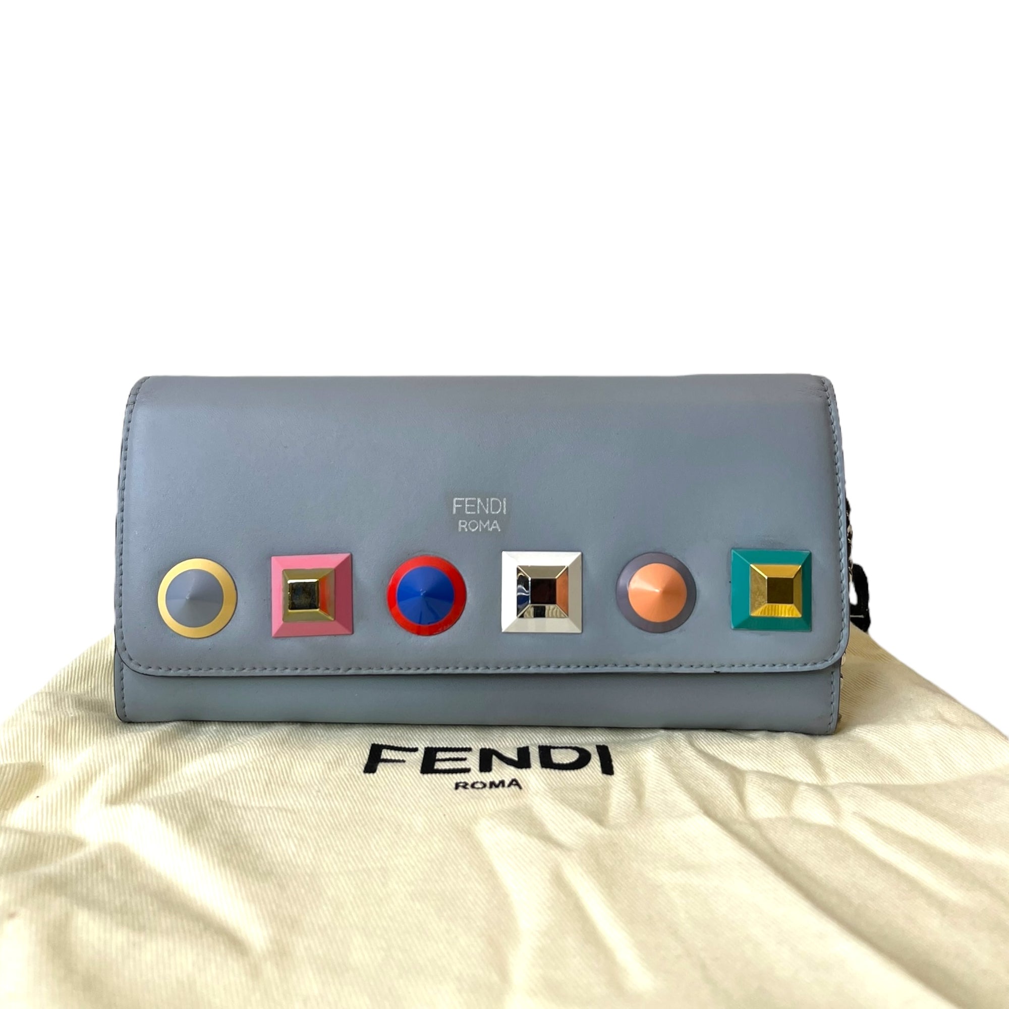 Fendi Grey Leather Studded Wallet On Chain