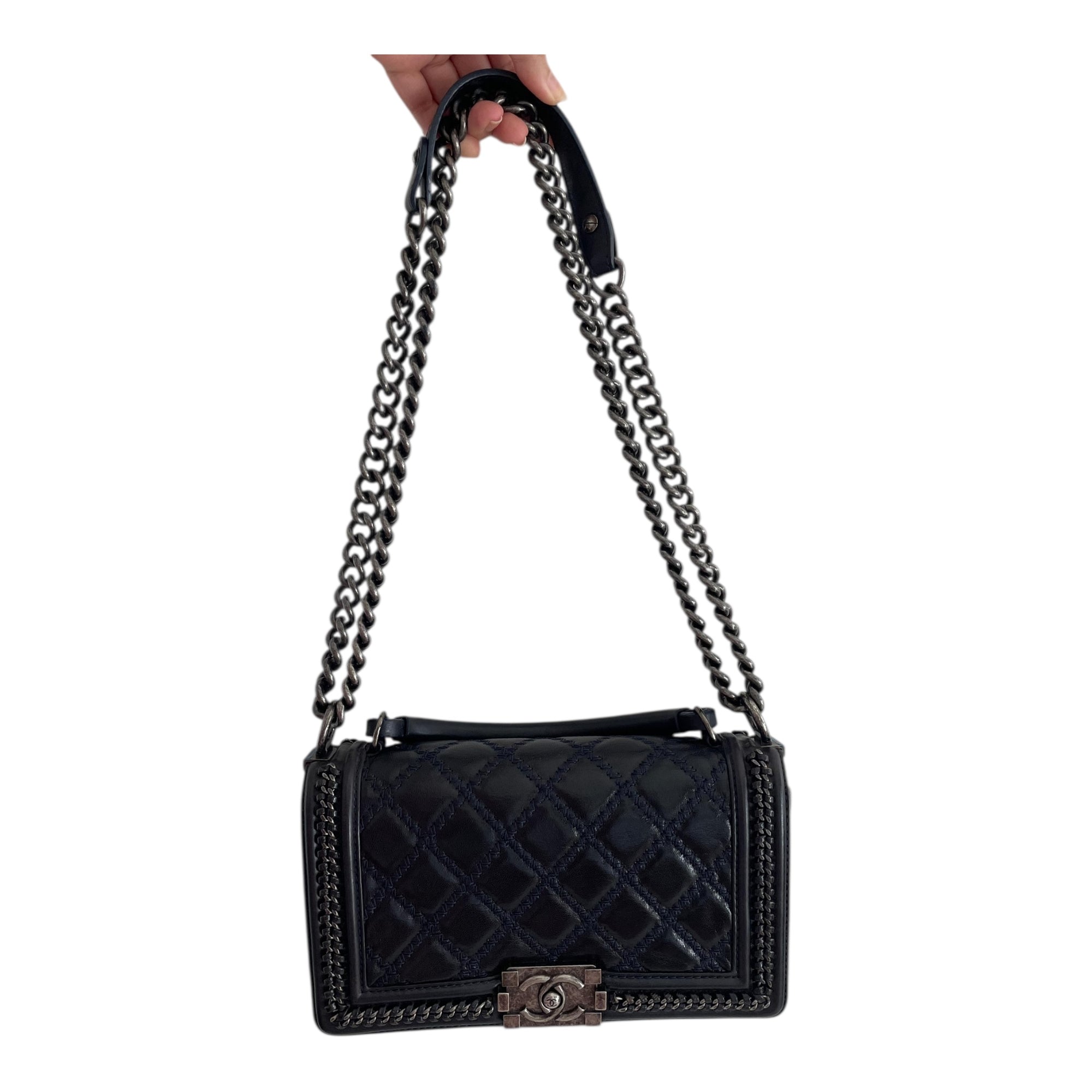Chanel Midnight Quilted Leather Medium Wild Stitch Chain Boy Top Handle Bag