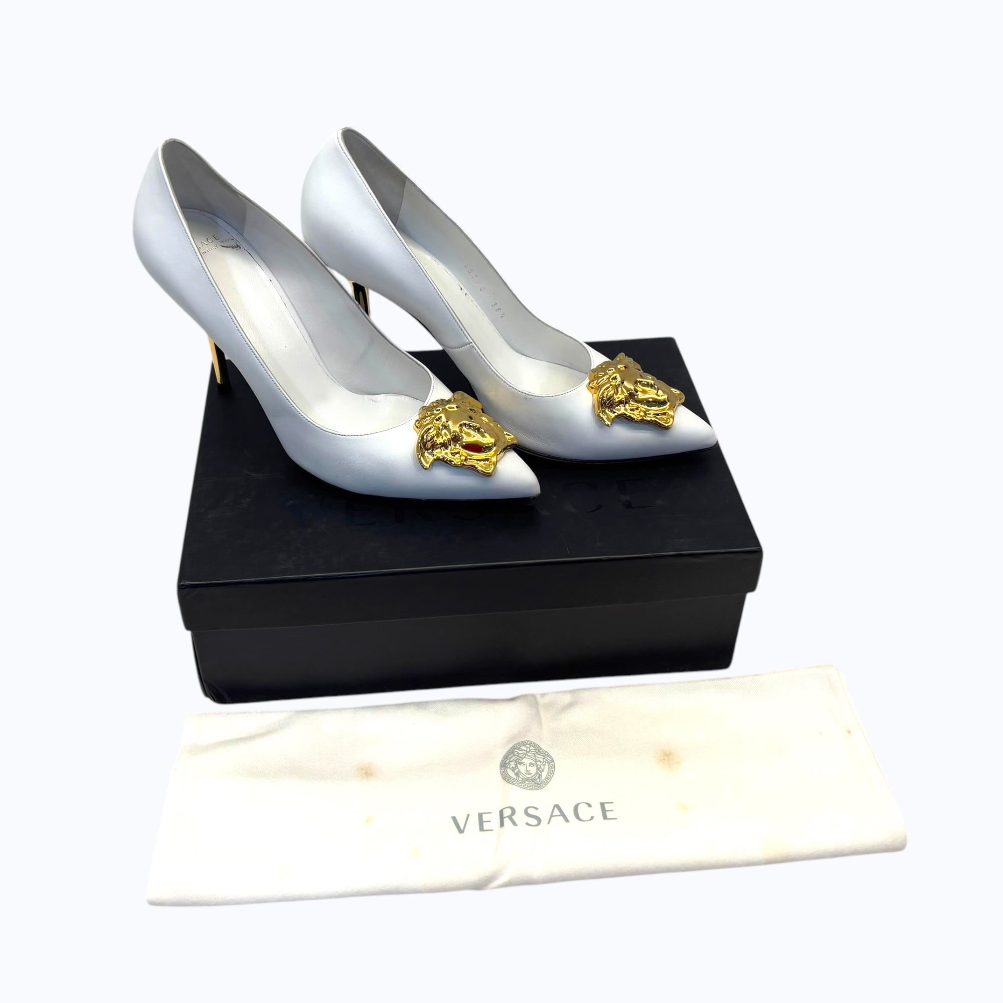 Versace White Leather Medusa Pointed Toe Pumps EU 38.5