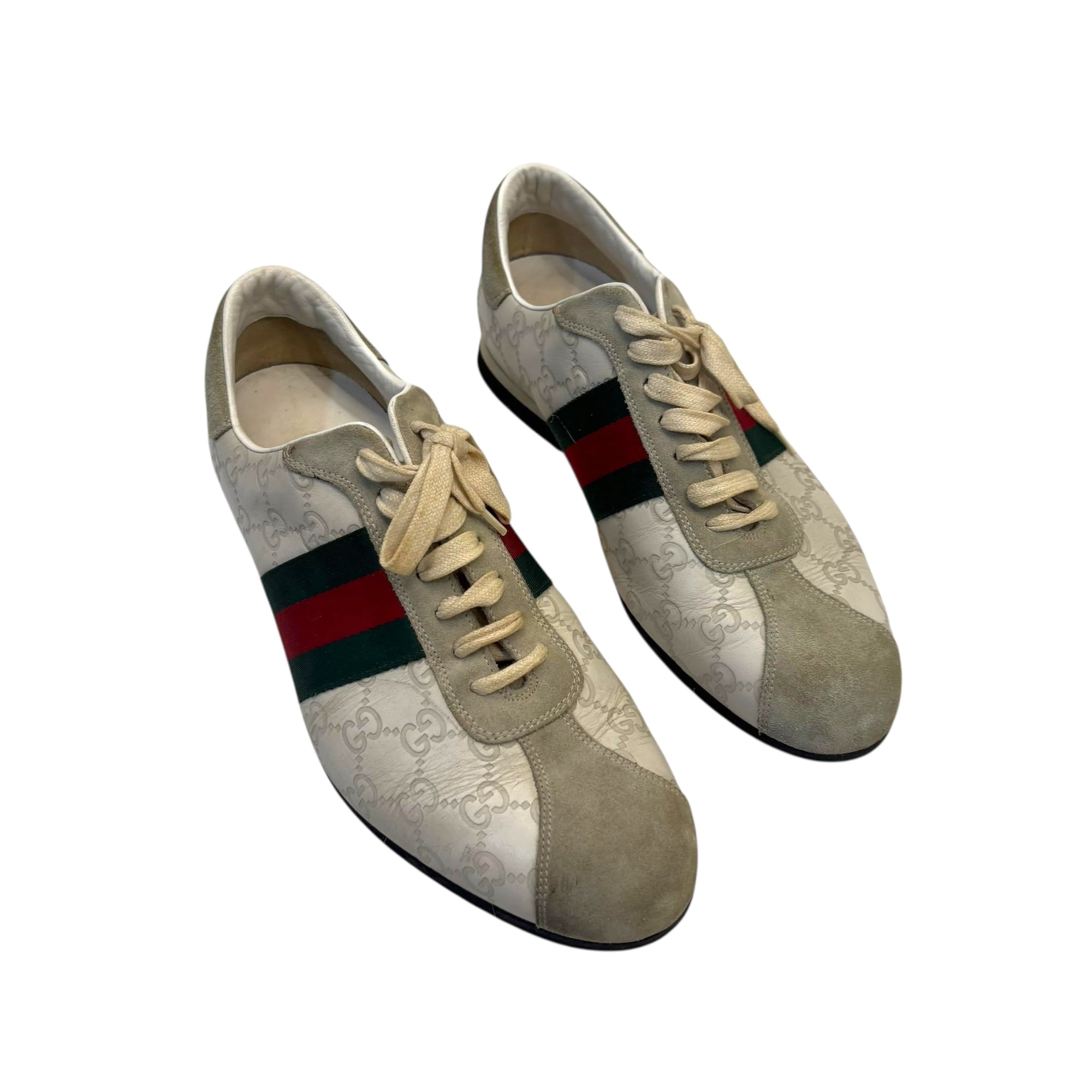 Gucci Off White Guccissima Leather and Suede Web Low Top Sneakers EU 43