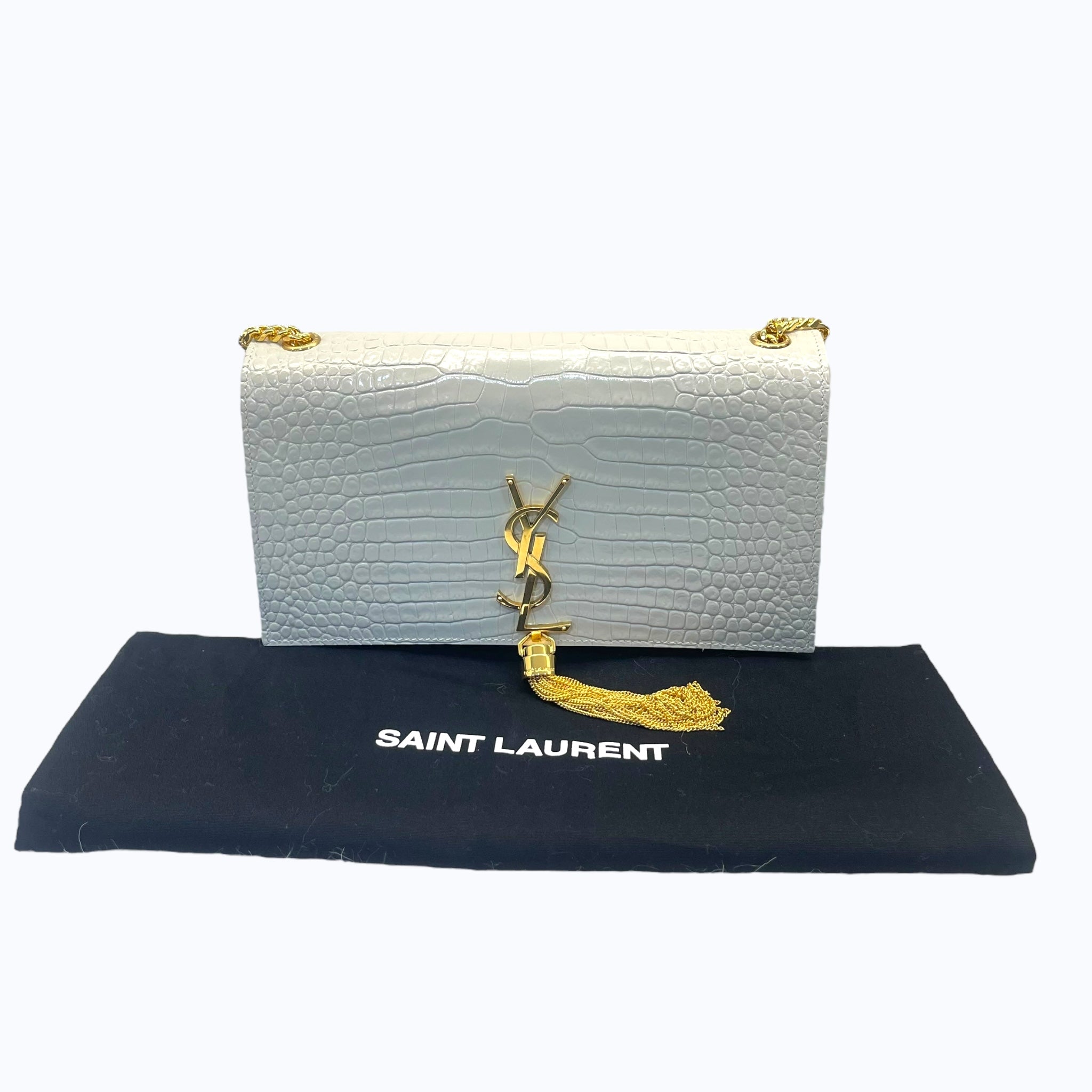 Saint Laurent White Croc Embossed Leather Small Kate Tassel Crossbody Bag