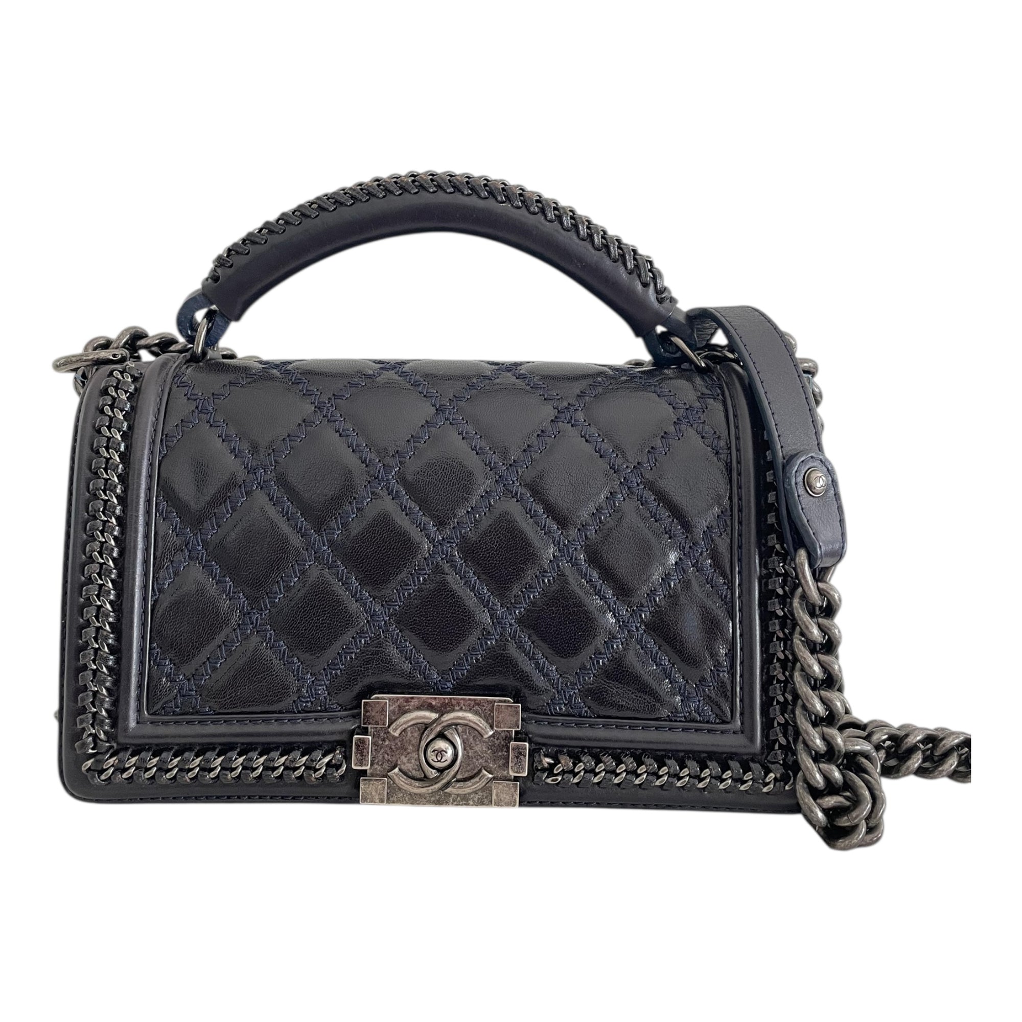 Chanel Midnight Quilted Leather Medium Wild Stitch Chain Boy Top Handle Bag