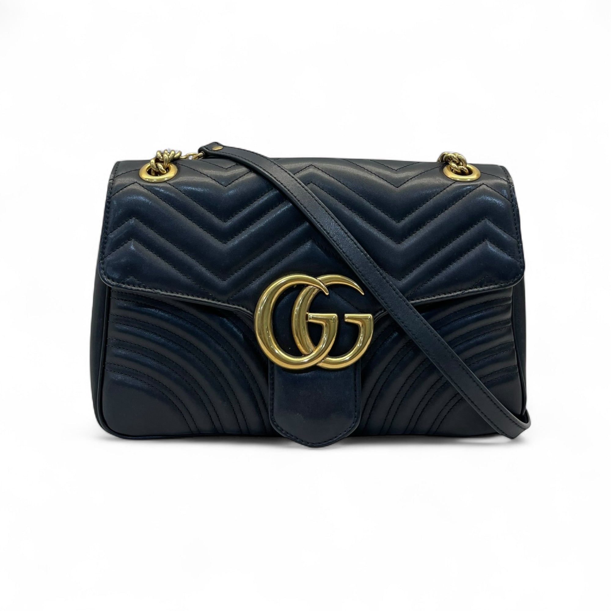 Gucci Black Quilted Leather GG Marmont Medium Matelasse Shoulder Bag