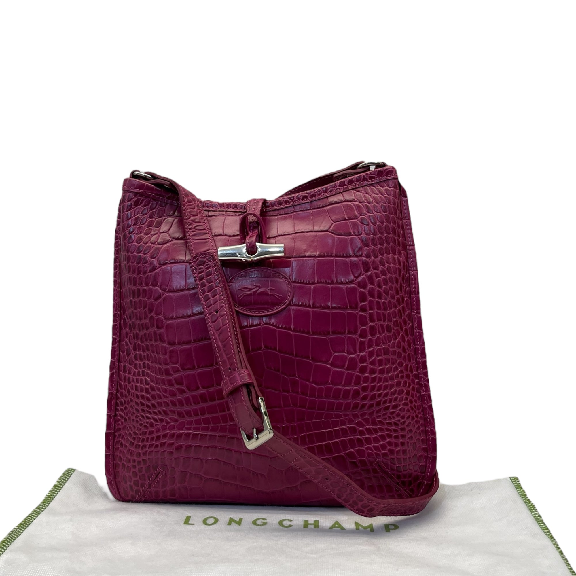 Longchamp Pink Croc Embossed Leather Crossbody Bag