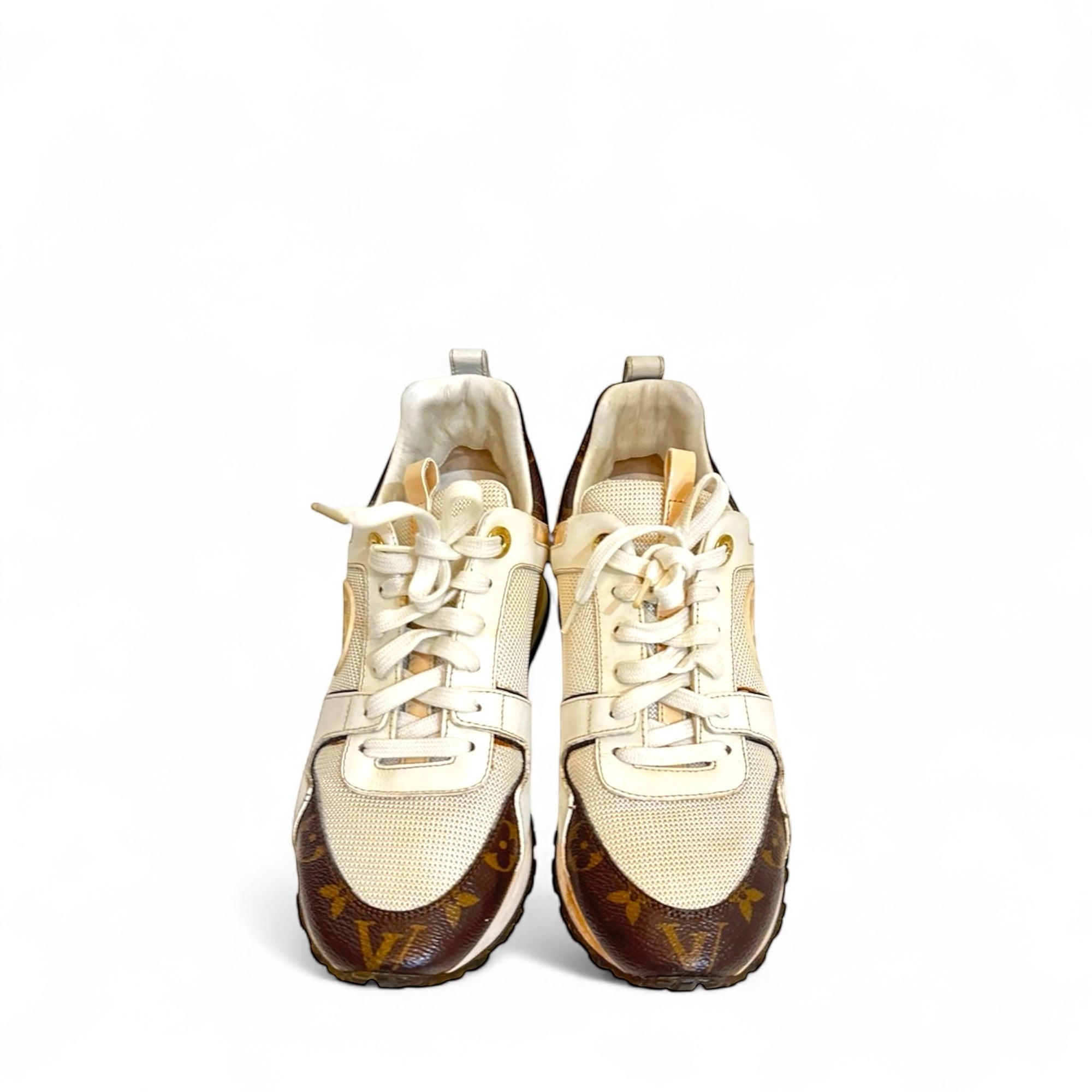 Louis Vuitton White/Brown Leather and Monogram Canvas Run Away Low Top Sneakers