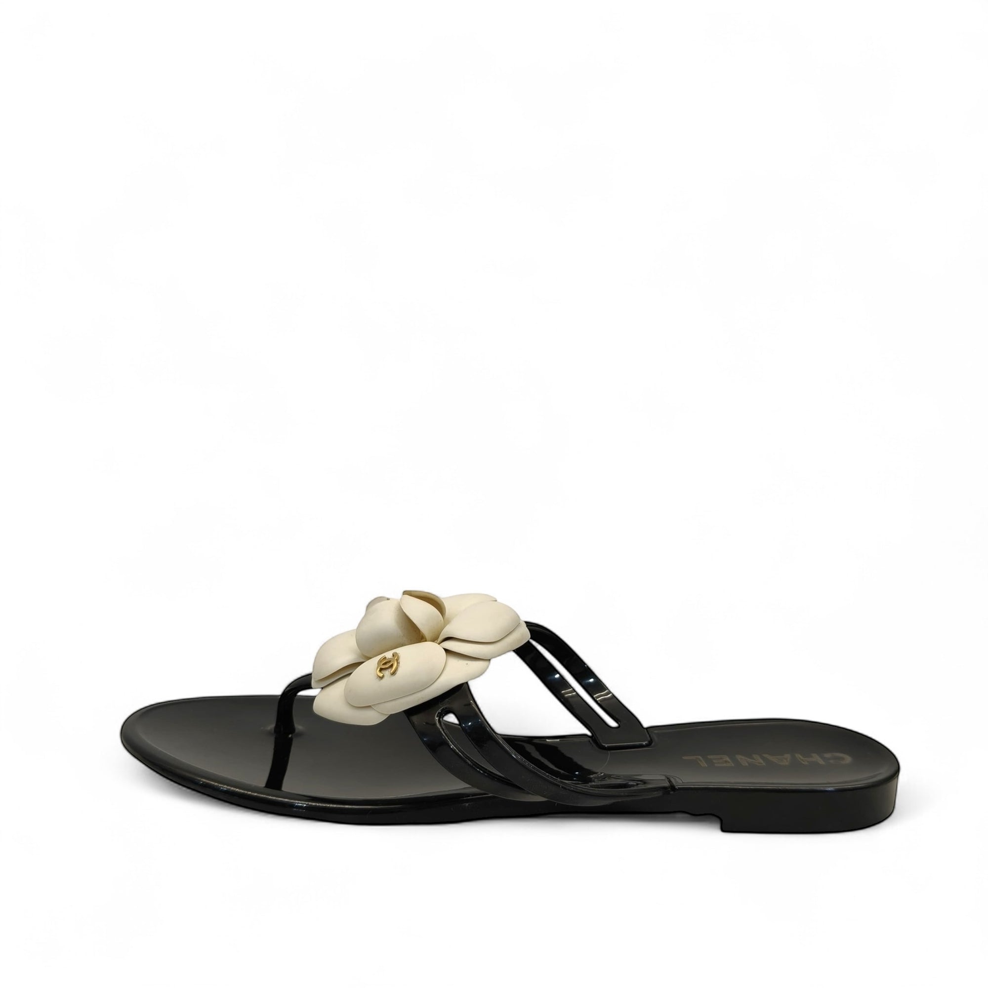Chanel Cream/Black Jelly Camellia Thong Sandals EU 36