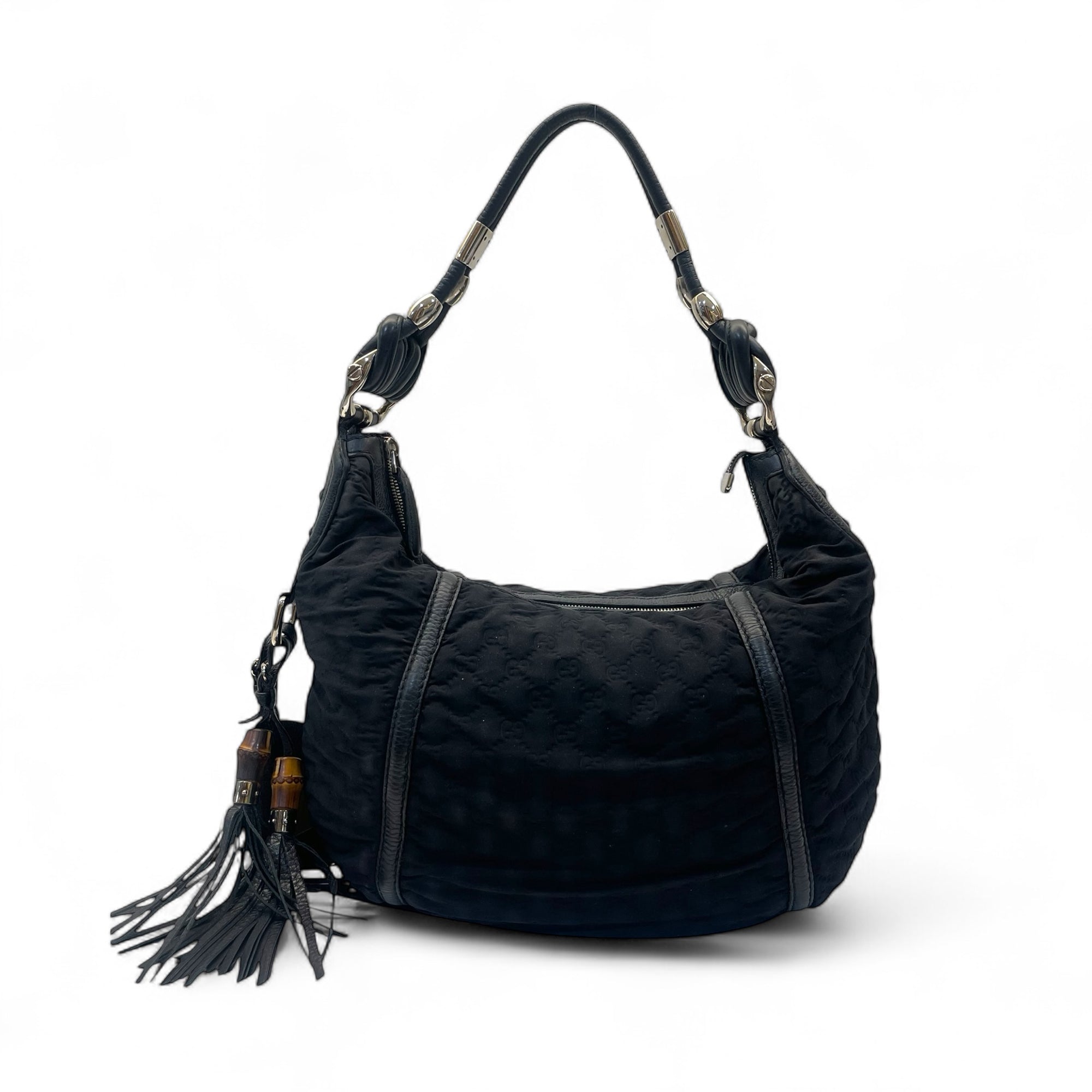 Gucci Black GG Neoprene and Leather Techno Horsebit Hobo Bag