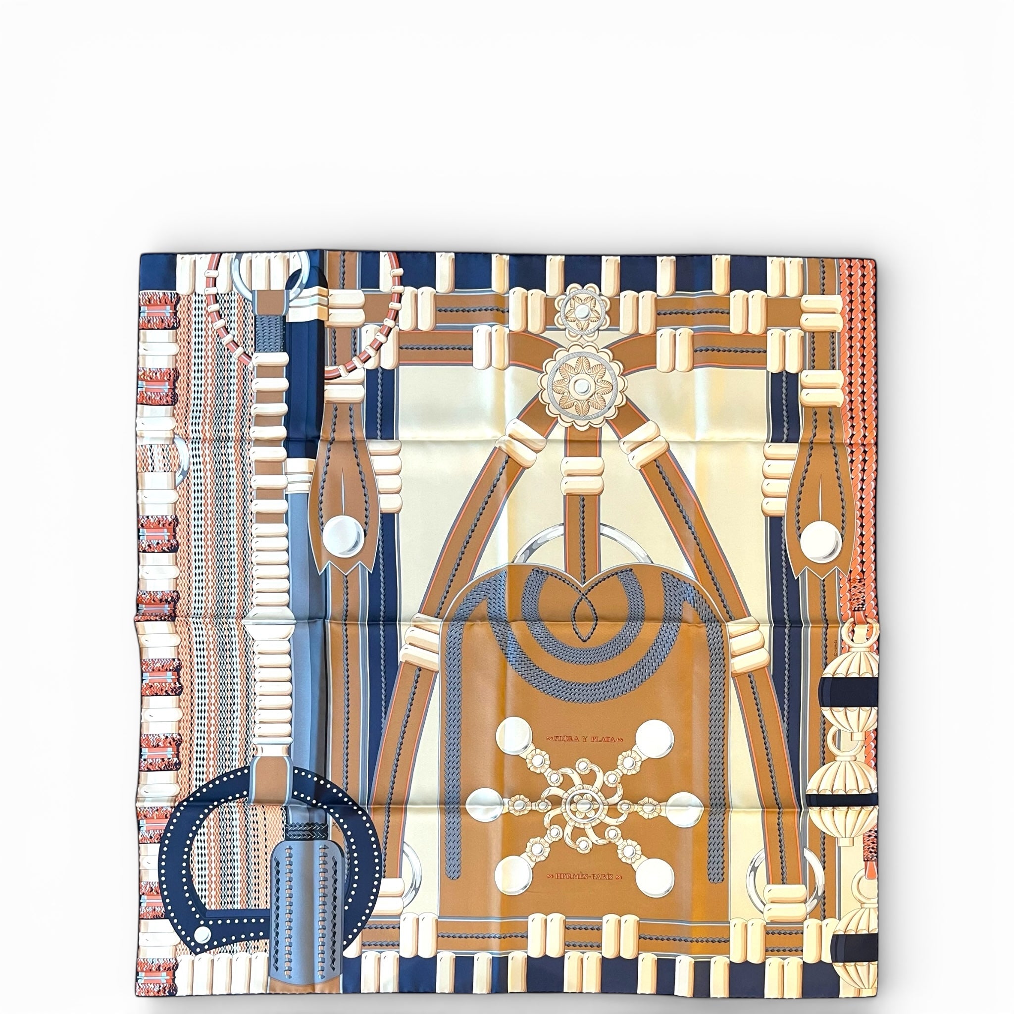 Hermès Silk Scarf 90 Flora Y Plata Terracotta/Blue/Beige