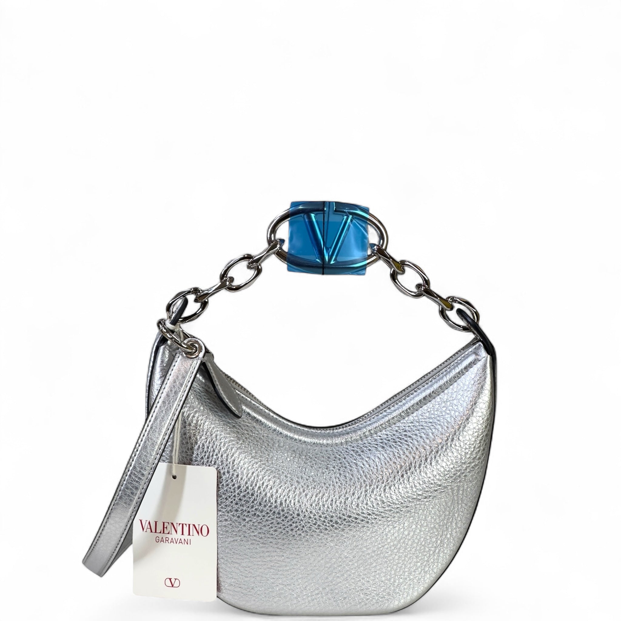 Valentino Garavani VLogo Moon Mini Hobo Bag Silver Metallic Calfskin