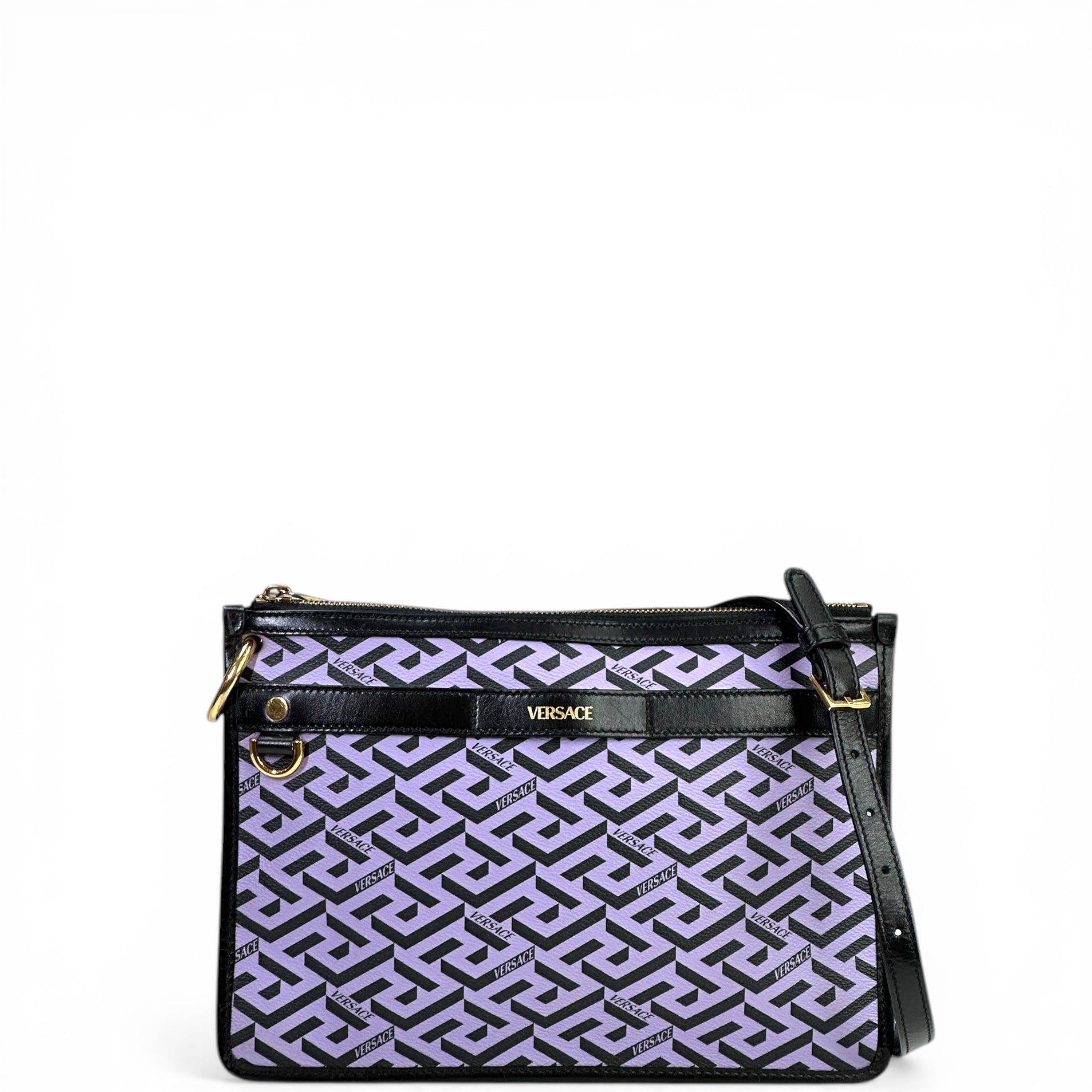 Versace La Greca Signature Sling Pouch Purple Black geometric pattern canvas