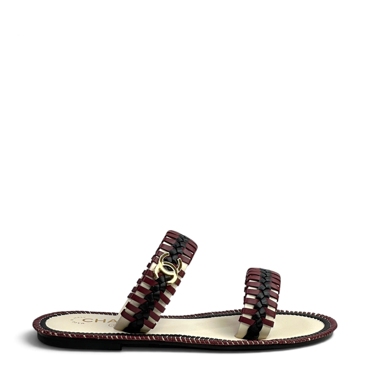 Chanel Coco Beach Black & Burgundy Woven Mules