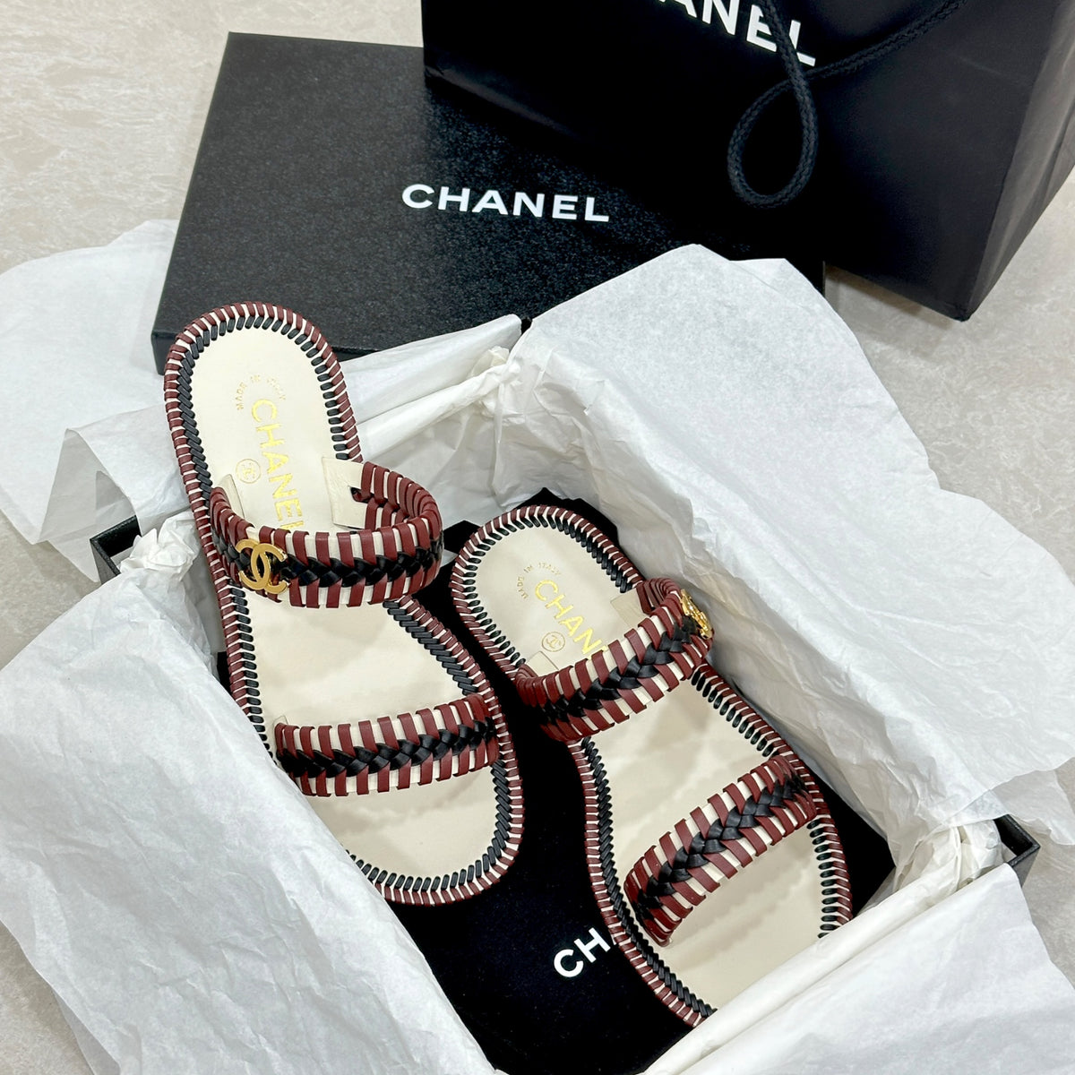 Chanel Coco Beach Black & Burgundy Woven Mules