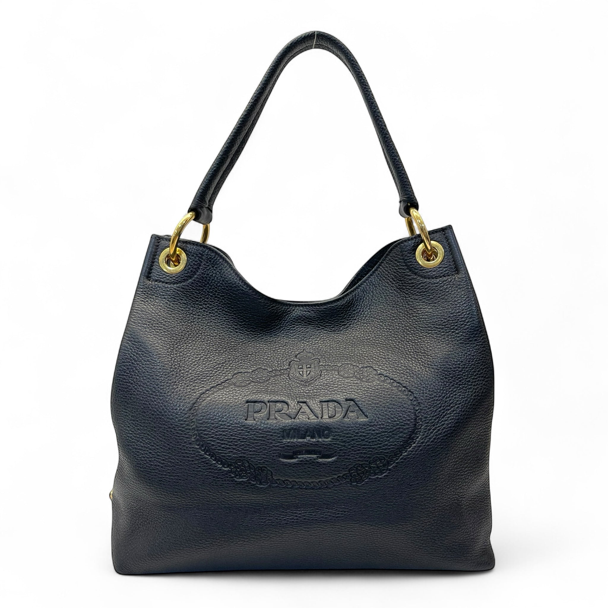 Prada Vitello Phenix Black Leather Embossed Logo Hobo Tote Bag