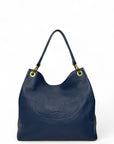 Prada Vitello Phenix Blue Leather Embossed Logo Hobo Tote Bag