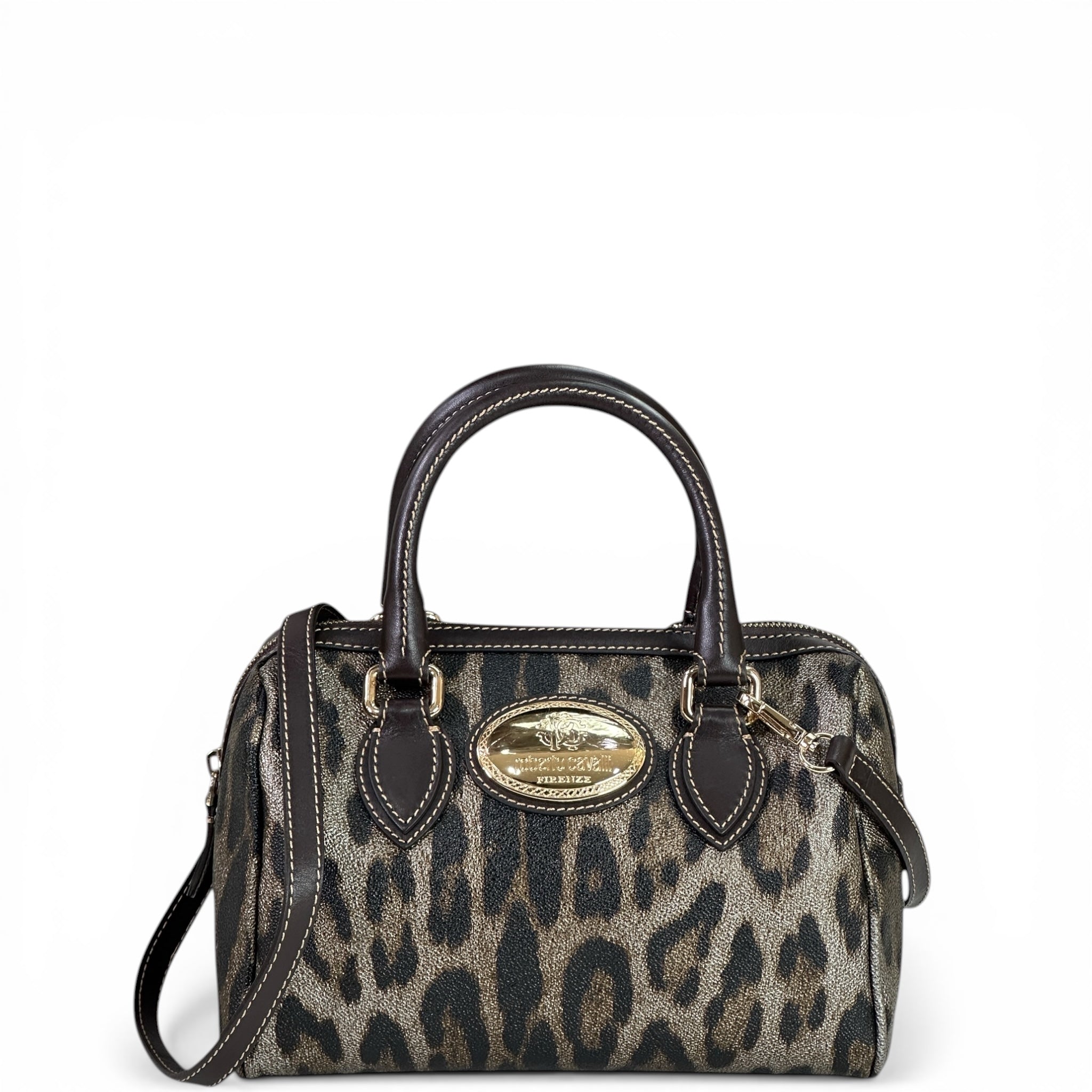 Roberto Cavalli Boston Bag Brown Leopard Print Leather