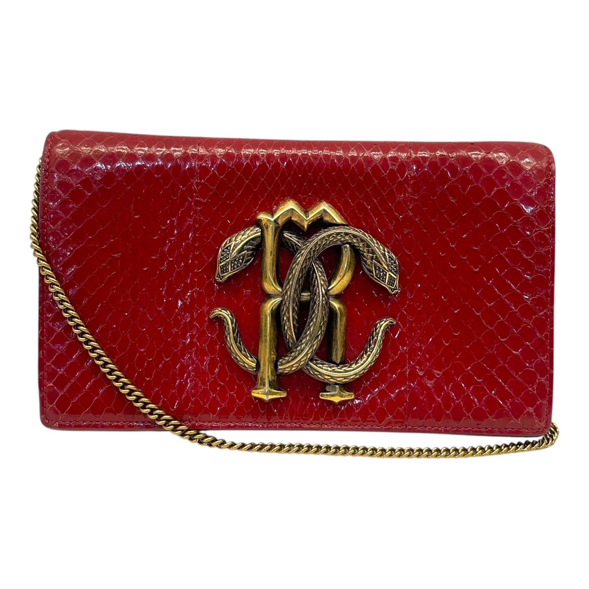 Roberto Cavalli Red Leather RC Monogram Flap Chain Bag