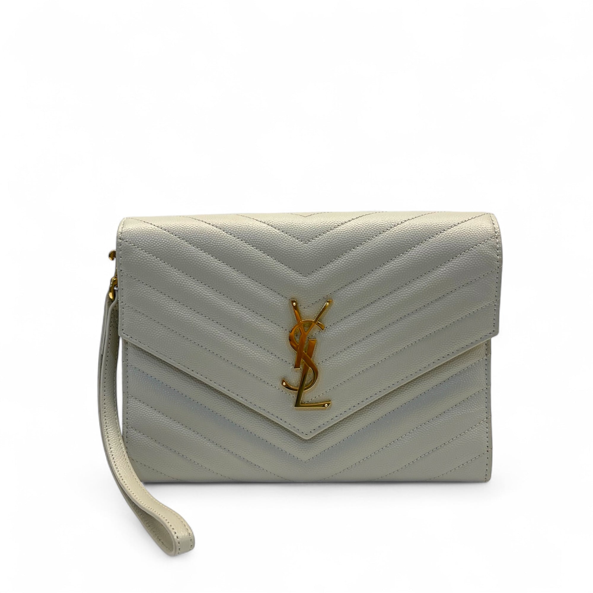 Saint Laurent Off White Matelasse Leather Monogram Chain Clutch