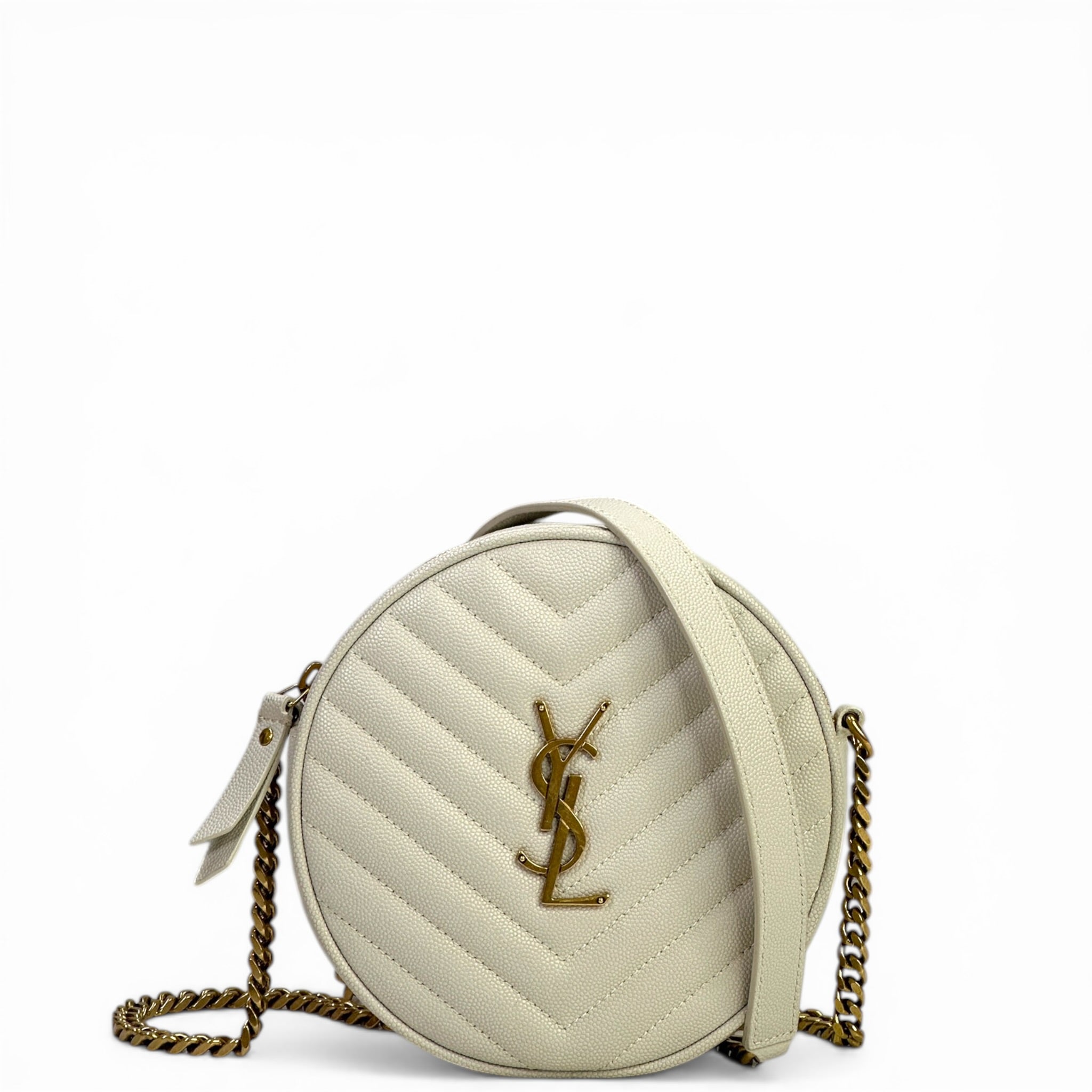 Saint Laurent Vinyle Round Camera Bag white chevron-quilted grain de poudre