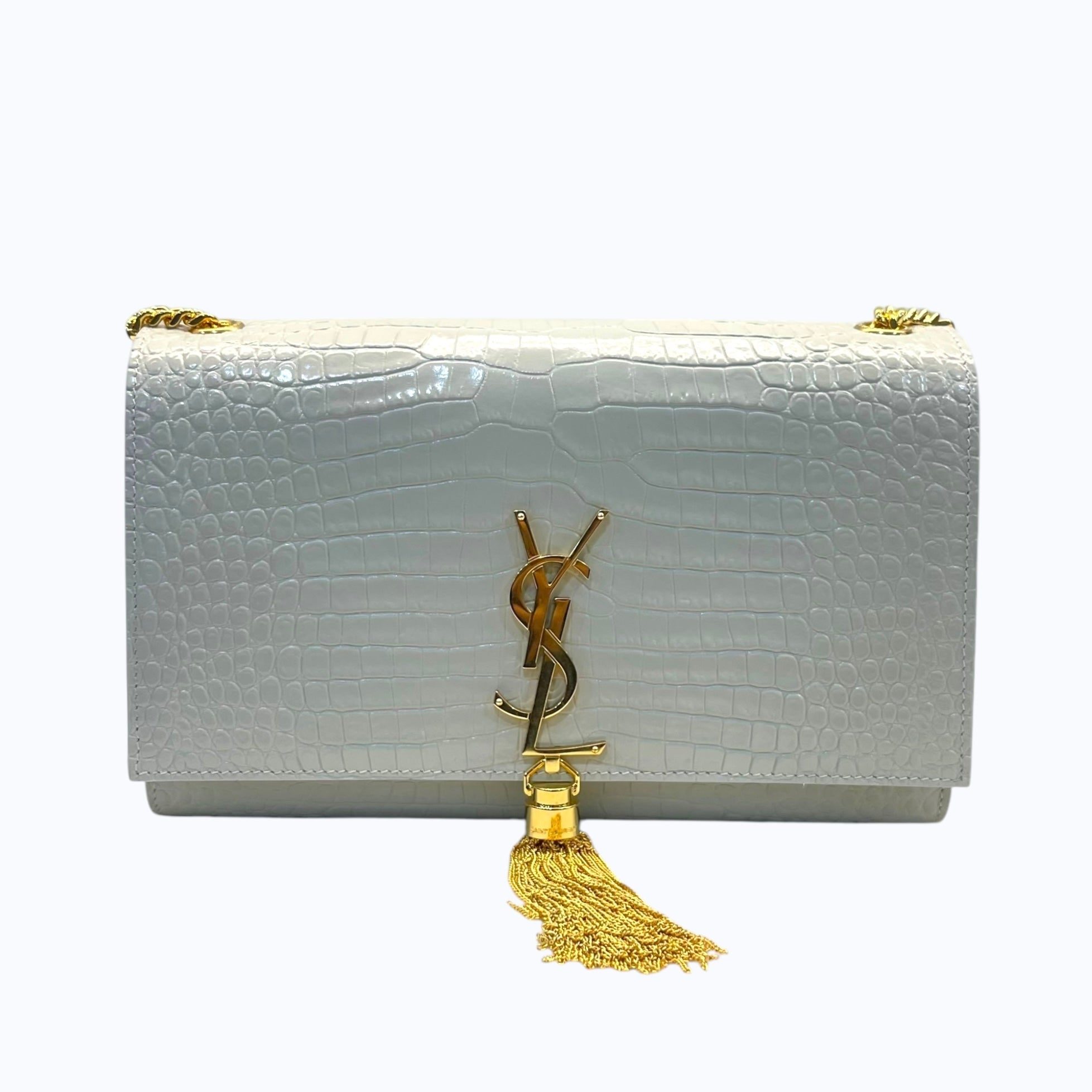 Saint Laurent White Croc Embossed Leather Small Kate Tassel Crossbody Bag