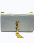 Saint Laurent White Croc Embossed Leather Small Kate Tassel Crossbody Bag