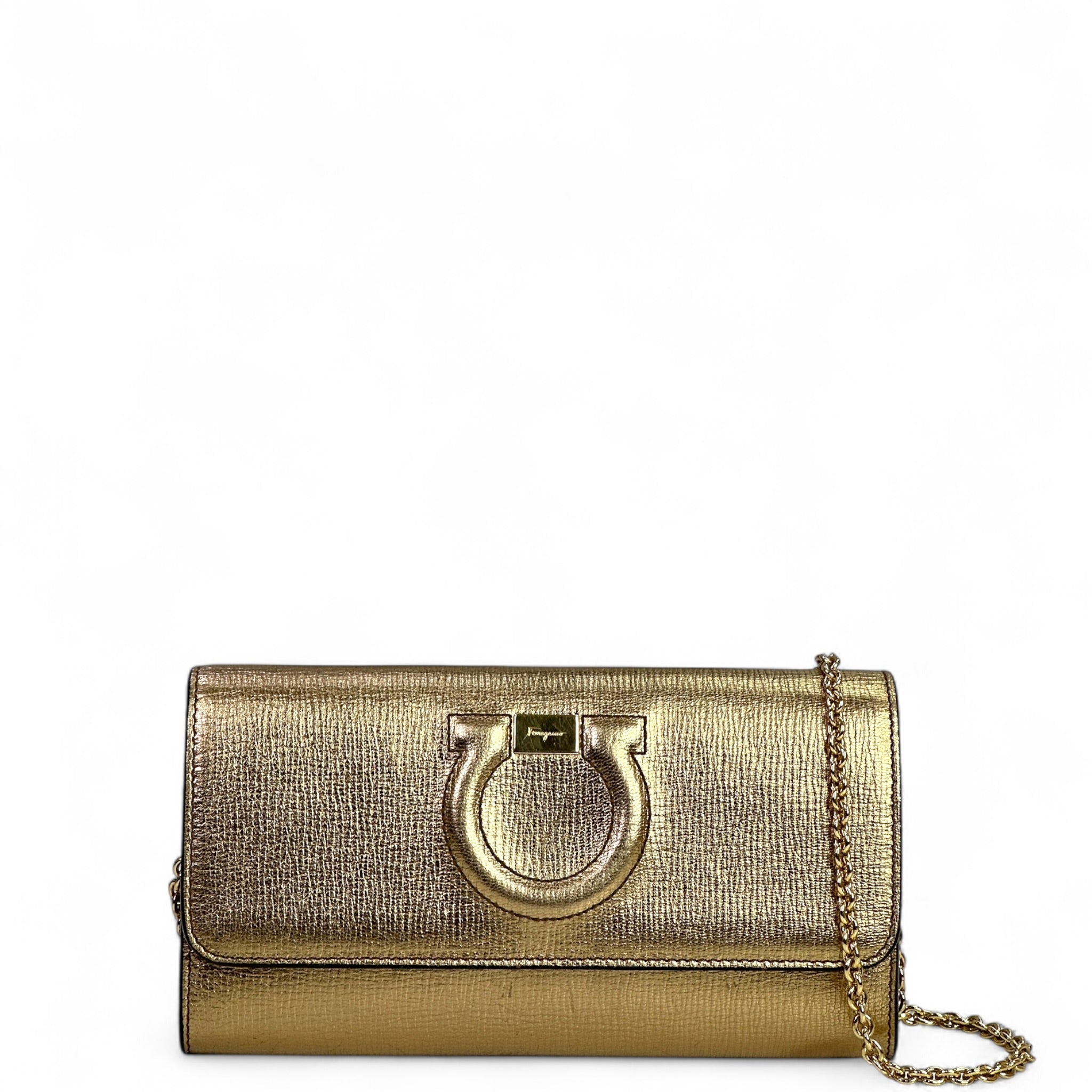 Salvatore Ferragamo Gancini City Wallet On Chain Gold Textured Leather