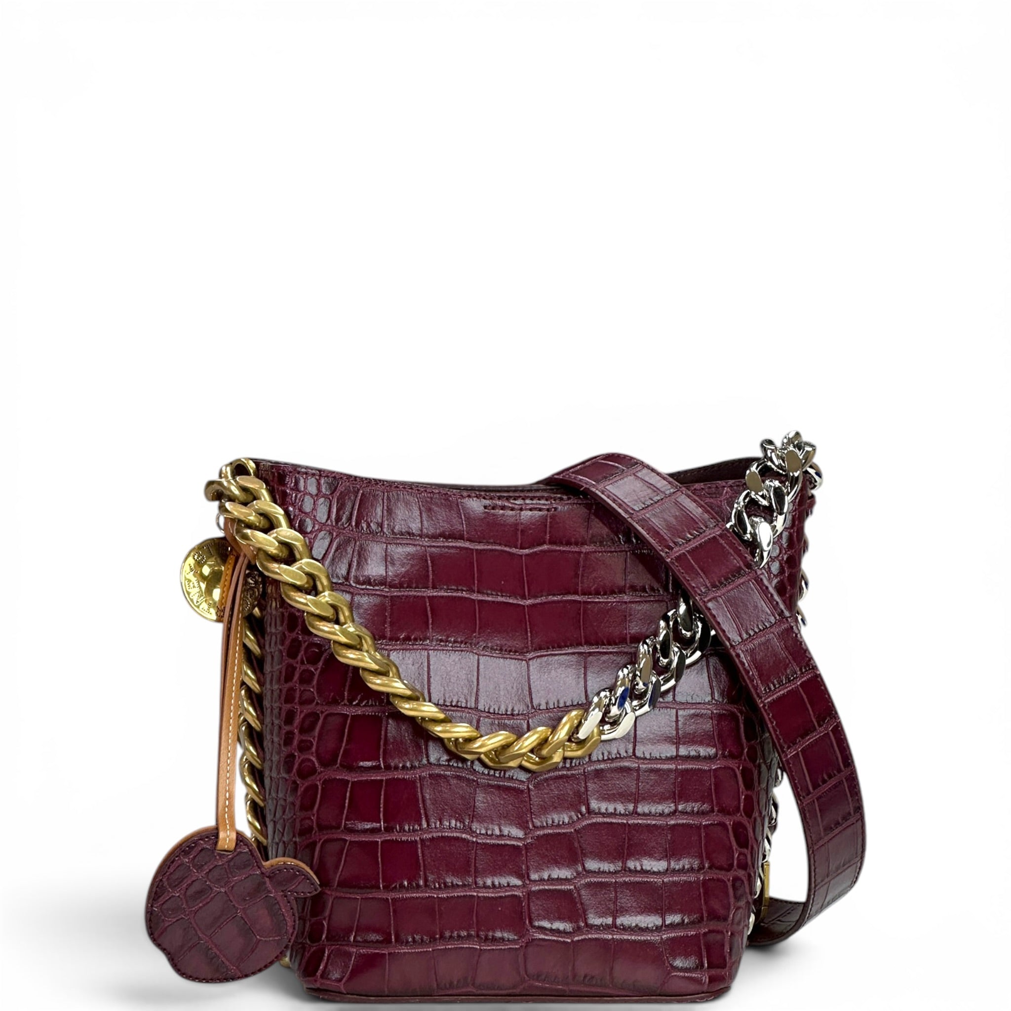 Stella McCartney Frayme Bucket Bag Burgundy Croc-Effect Embossed