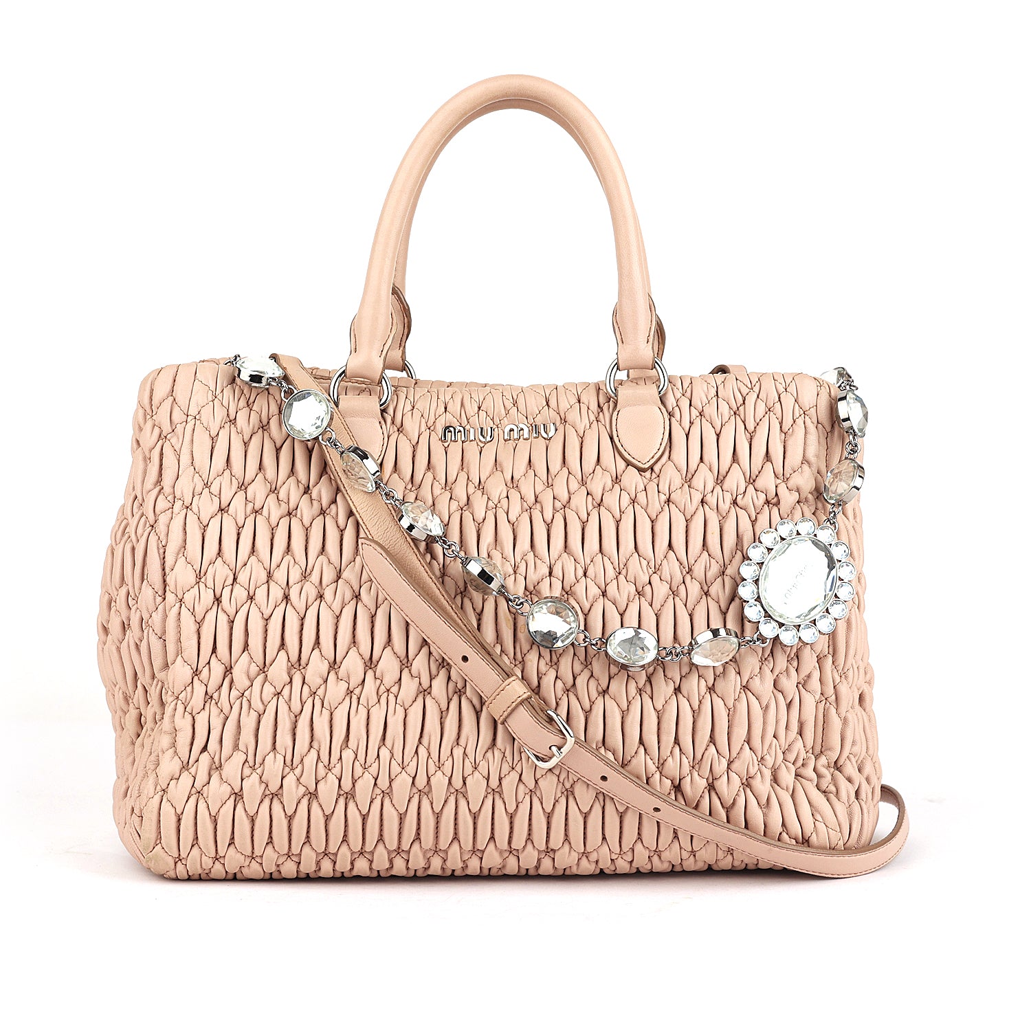 Miu Miu Pink Matelasse Nappa Leather Crystal Tote