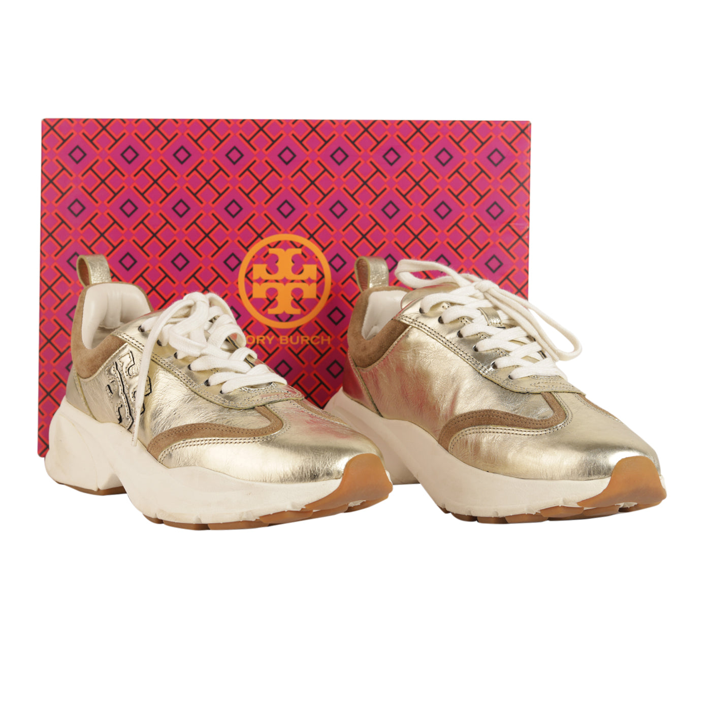 Tory Burch Good Luck Double T Gold Trainers - Size EU 38