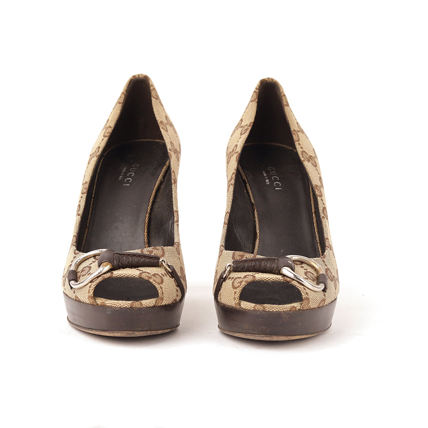 Gucci Brown Monogram Canvas Peep Toe Pumps - Size EU 36