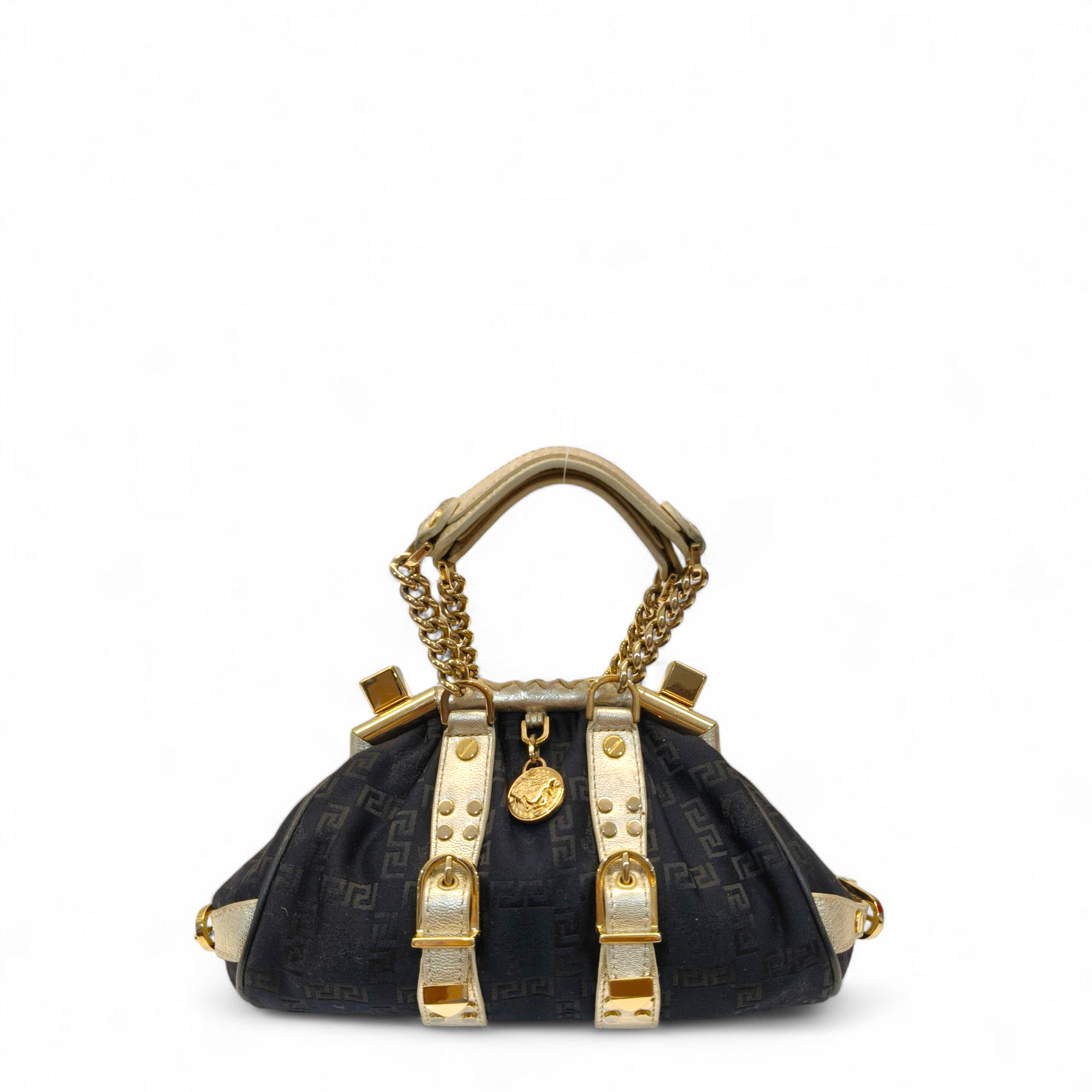 Versace Black/Gold Monogram Fabric and Leather Madonna Framed Satchel Bag