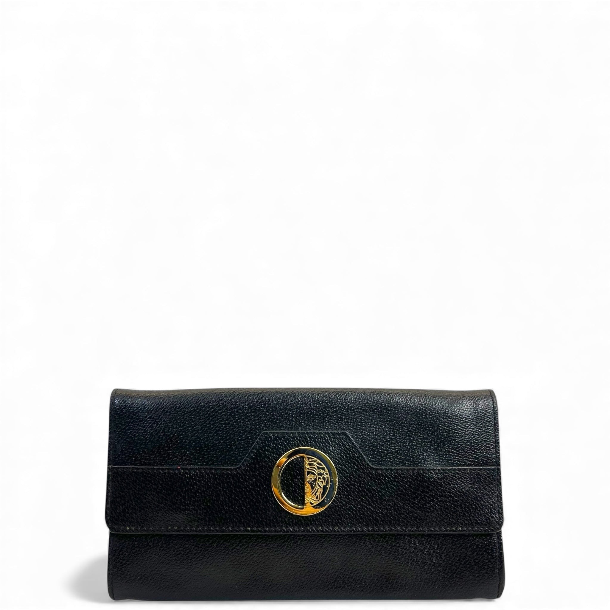Versace Gold-tone Medusa Head Emblem Black Leather Wallet