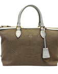 Prada Beige Leather Logo Embossed Zip Tote