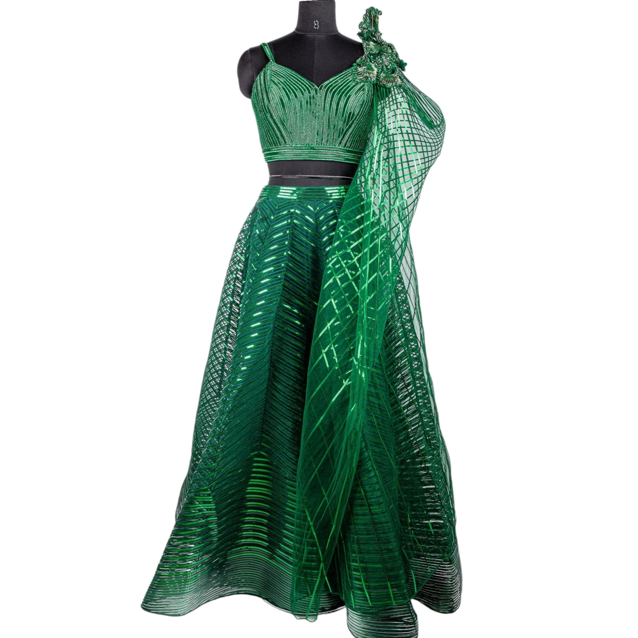 Amit Aggarwal Emerald Green Handwoven Tulle Lehenga Set