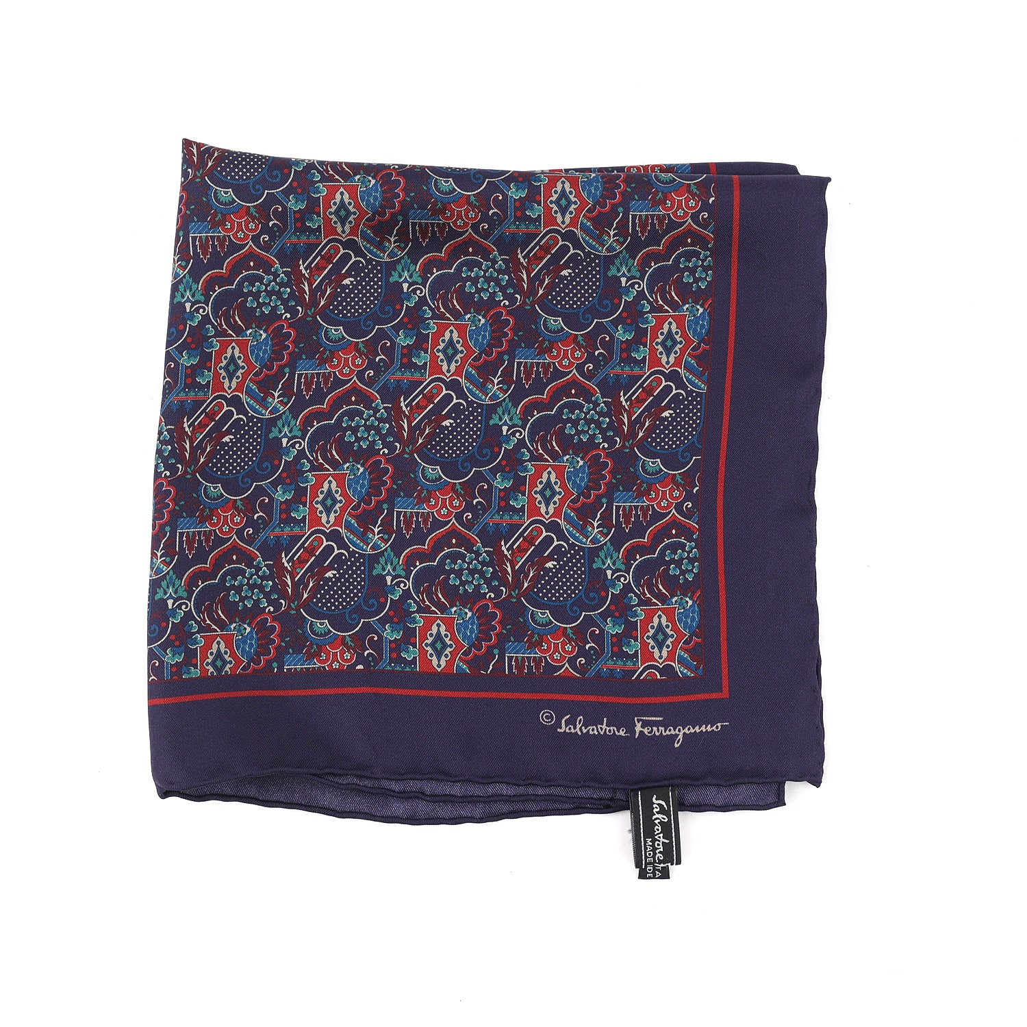 Salvatore Ferragamo Silk Pocket Square Navy Maroon Green