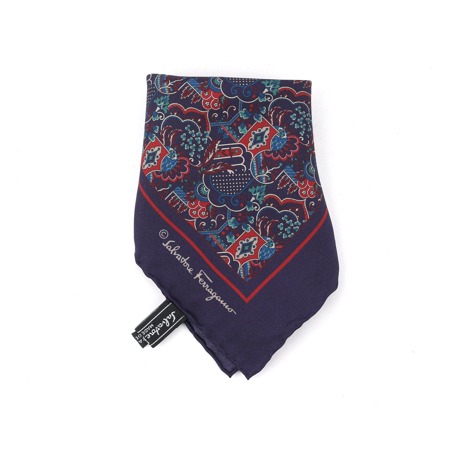 Salvatore Ferragamo Silk Pocket Square Navy Maroon Green