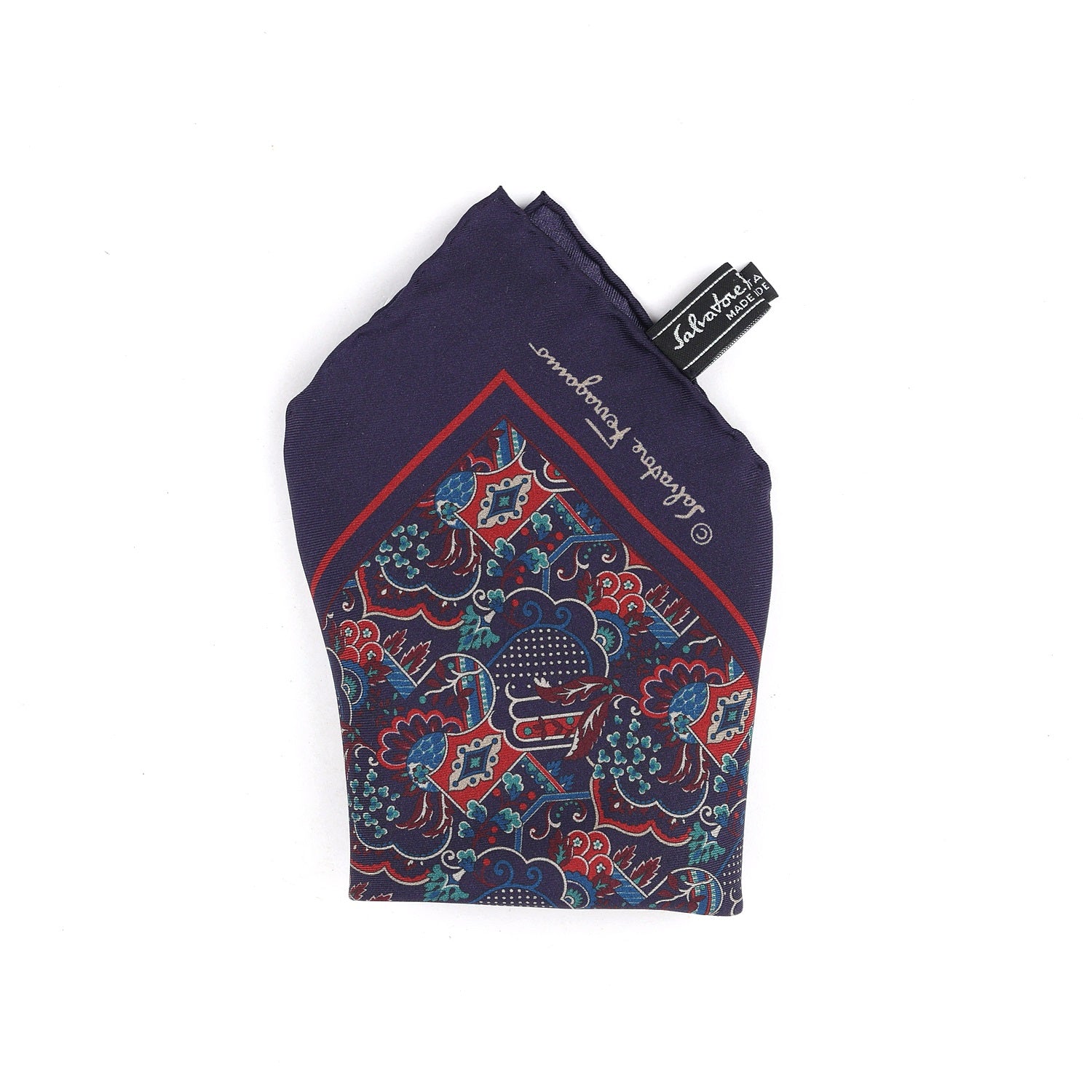 Salvatore Ferragamo Silk Pocket Square Navy Maroon Green