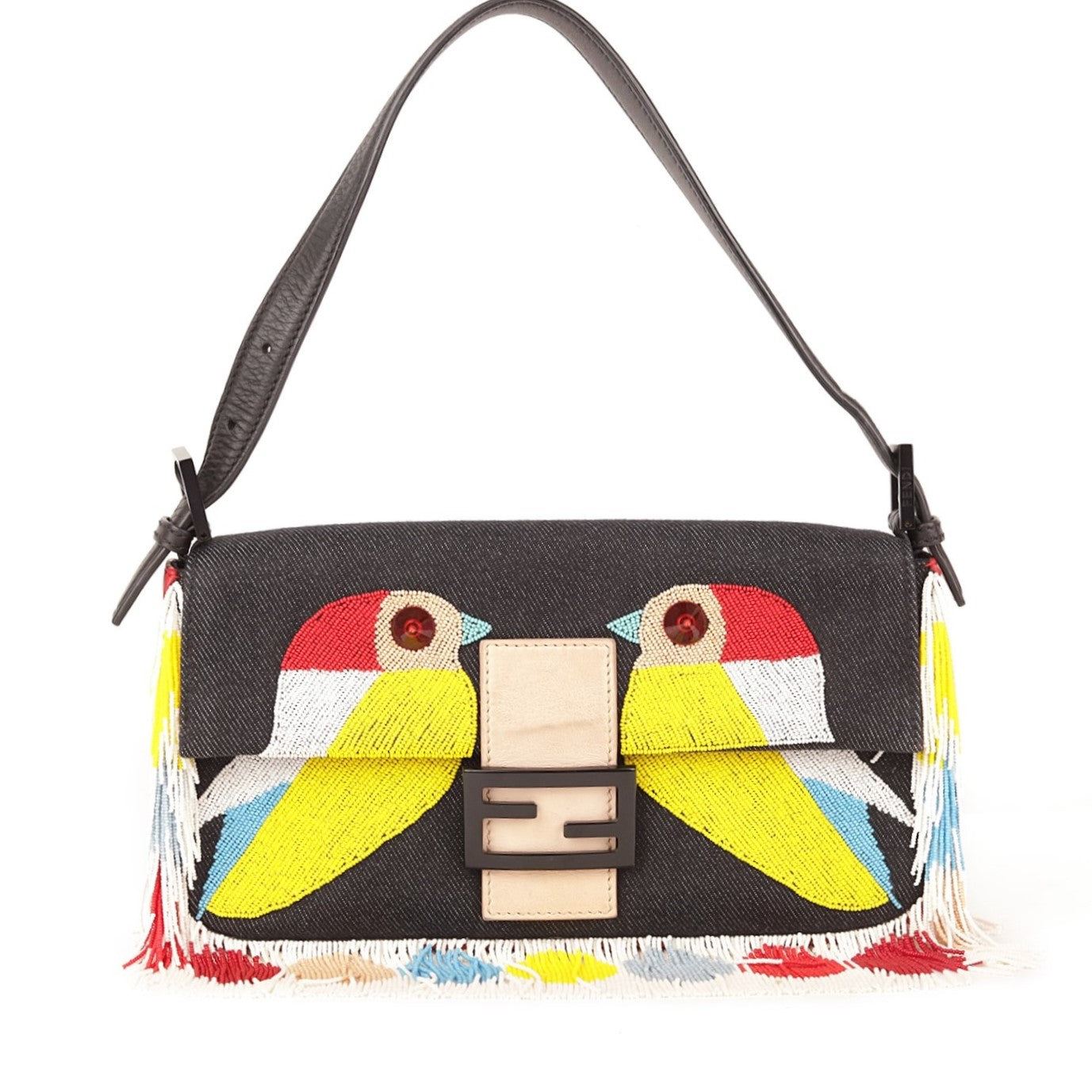 Fendi Denim Multicolor Beaded Fringe Qutweet Bird Baguette Bag