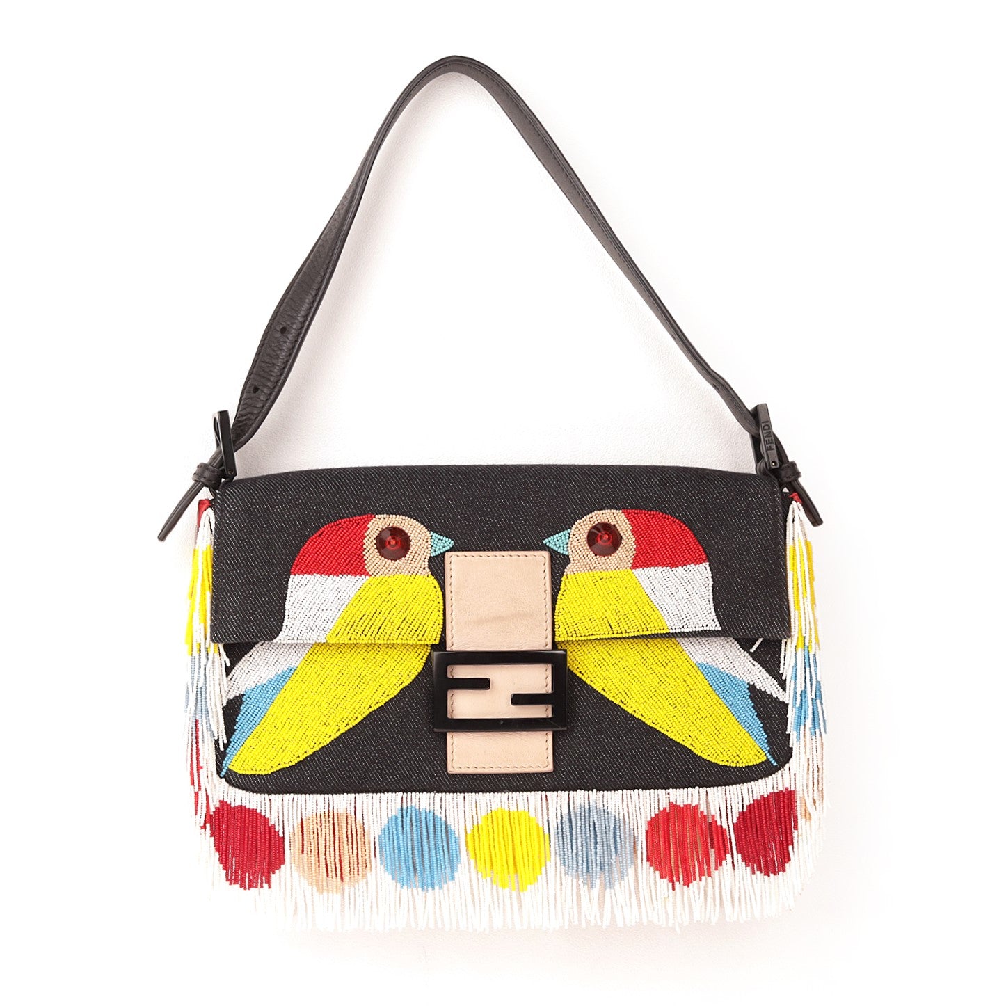 Fendi Denim Multicolor Beaded Fringe Qutweet Bird Baguette Bag