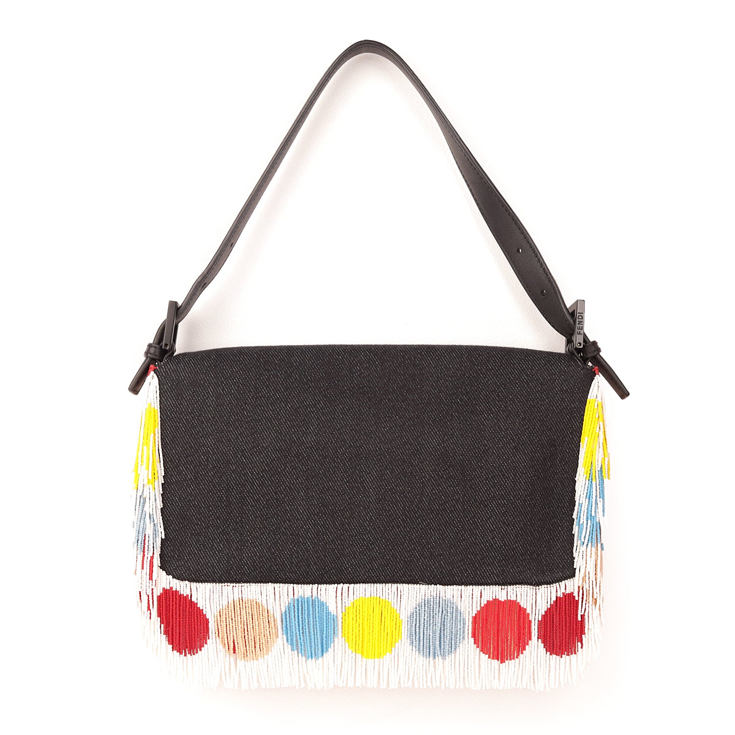 Fendi Denim Multicolor Beaded Fringe Qutweet Bird Baguette Bag