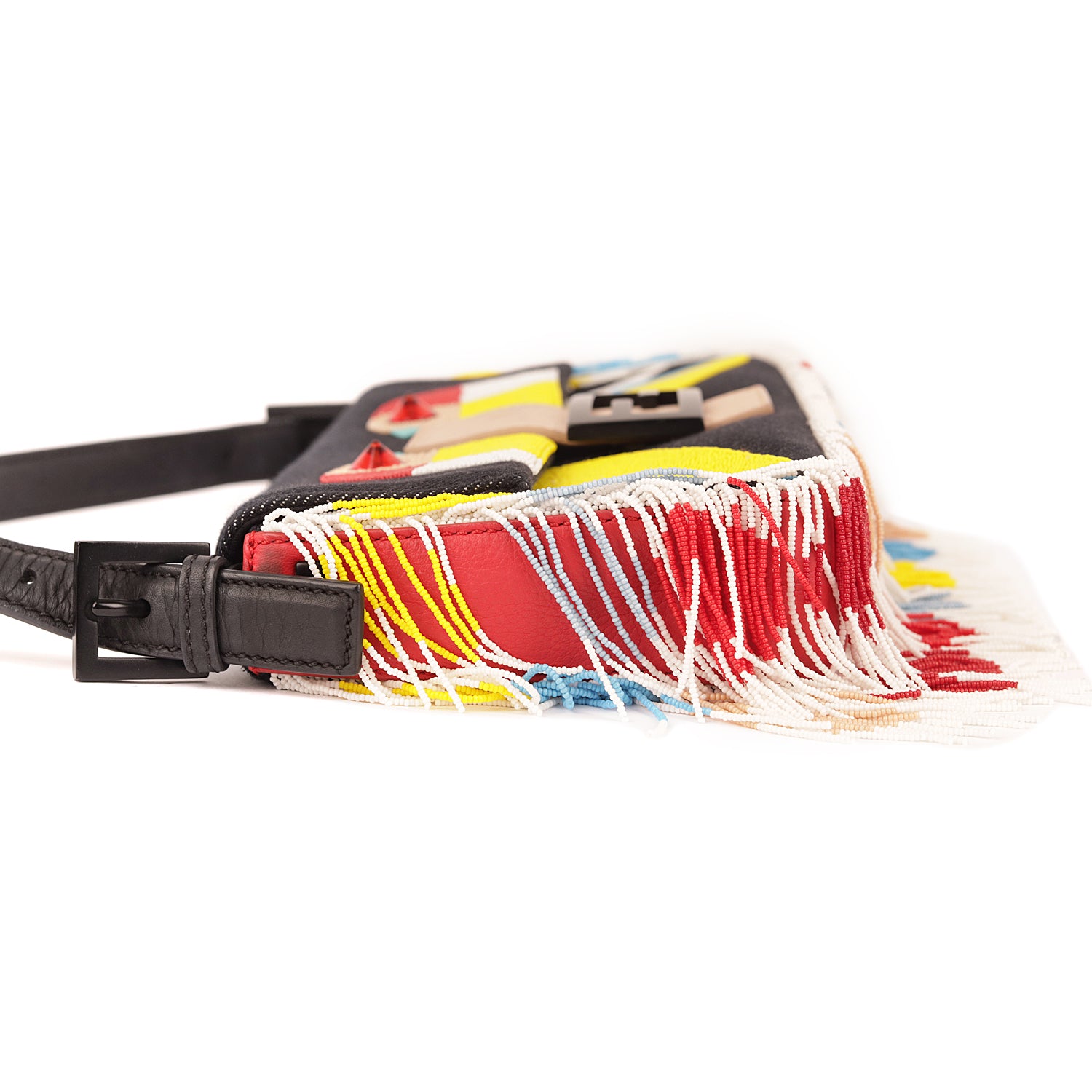 Fendi Denim Multicolor Beaded Fringe Qutweet Bird Baguette Bag