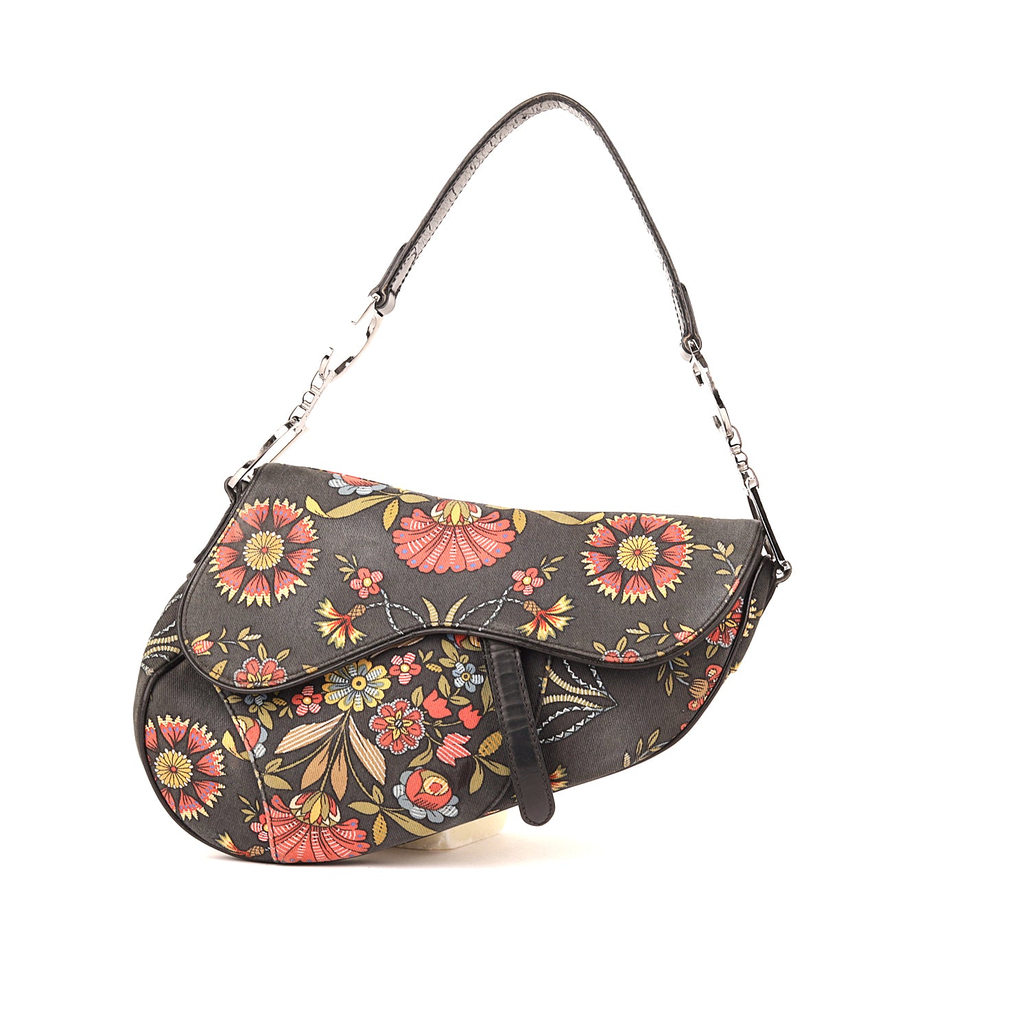 Christian Dior Saddle Vintage Floral Print Canvas Leather Bag