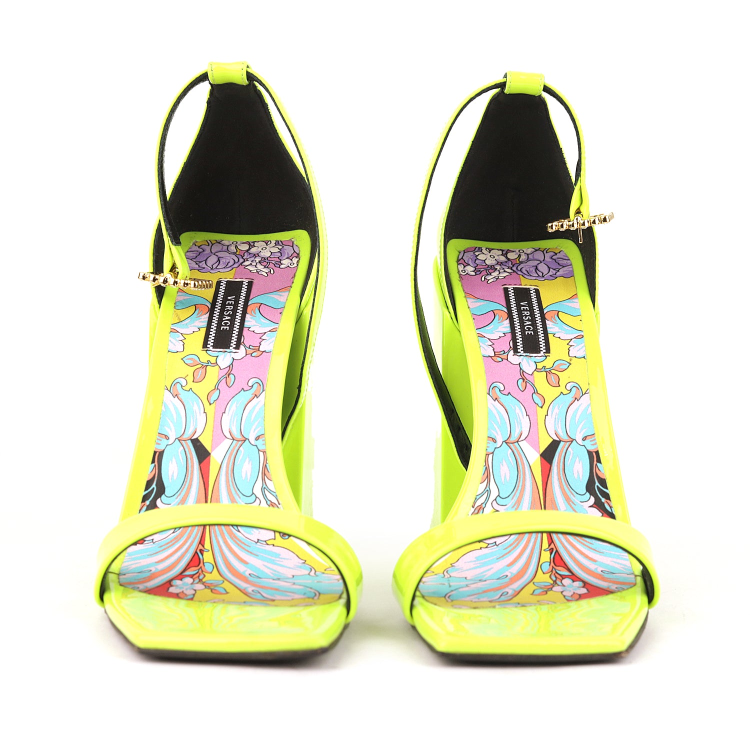 Versace Patent Leather Block-heel Sandals In Neon Yellow - Size EU 38.5